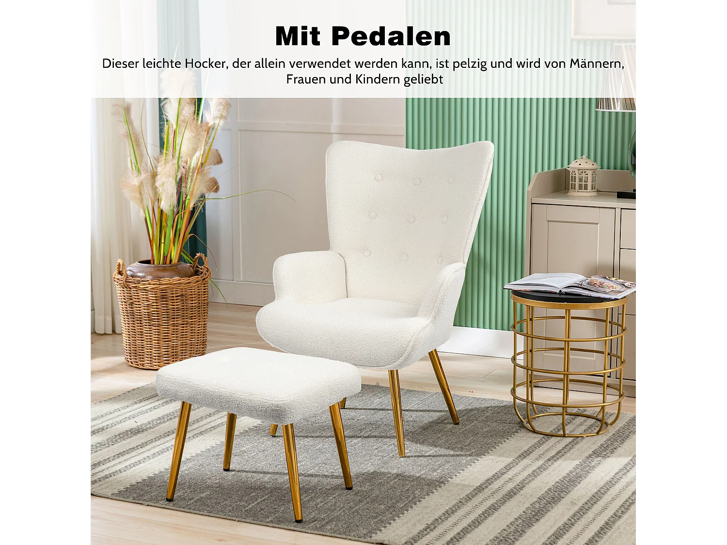 Poltrona escandinava com pufe, reclinável, lã tingida, estofada, com pernas douradas, cadeira de TV, cadeira de leitura para quarto, sala de estar, branca