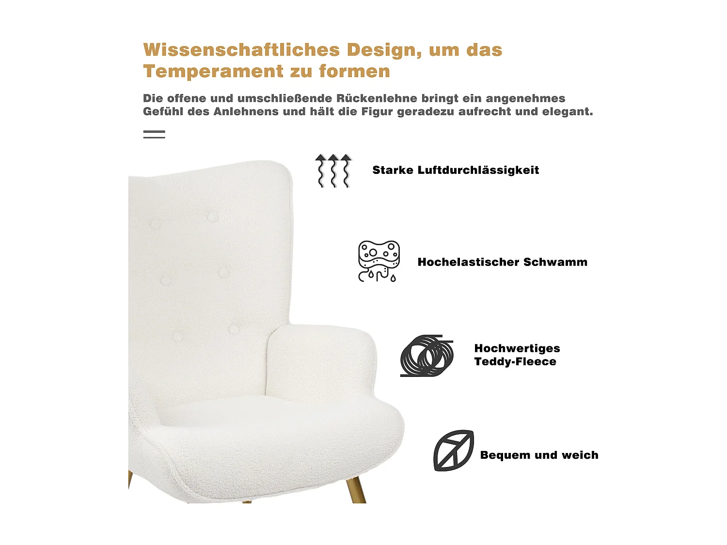 Poltrona escandinava com pufe, reclinável, lã tingida, estofada, com pernas douradas, cadeira de TV, cadeira de leitura para quarto, sala de estar, branca