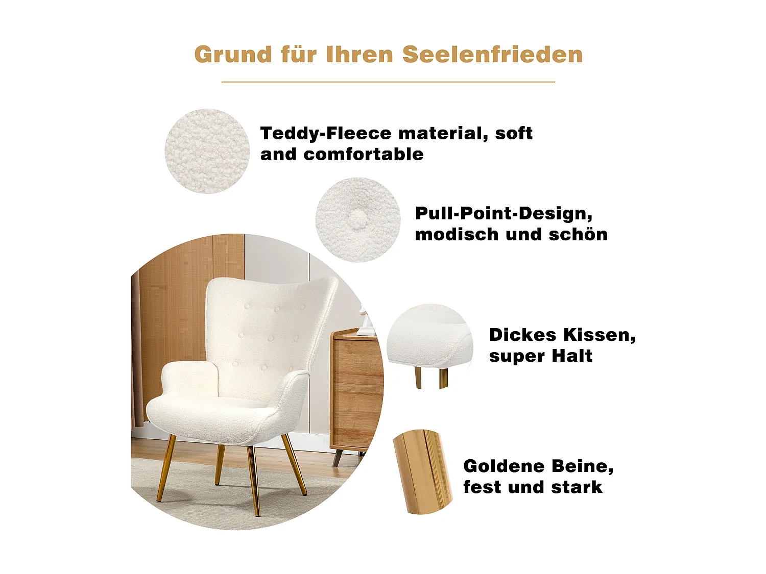 Poltrona escandinava com pufe, reclinável, lã tingida, estofada, com pernas douradas, cadeira de TV, cadeira de leitura para quarto, sala de estar, branca