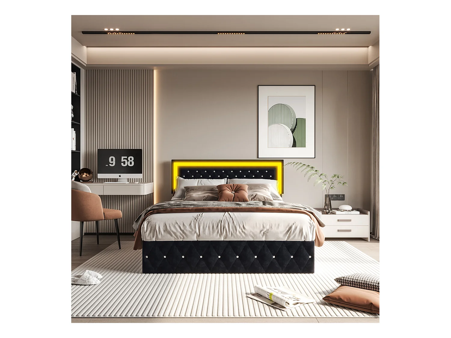 160x200 cm fluwelen opbergbed - met LED en lattenbodem - Tweepersoonsbed met opbergruimte - met in hoogte verstelbaar hoofdeinde - Zwart