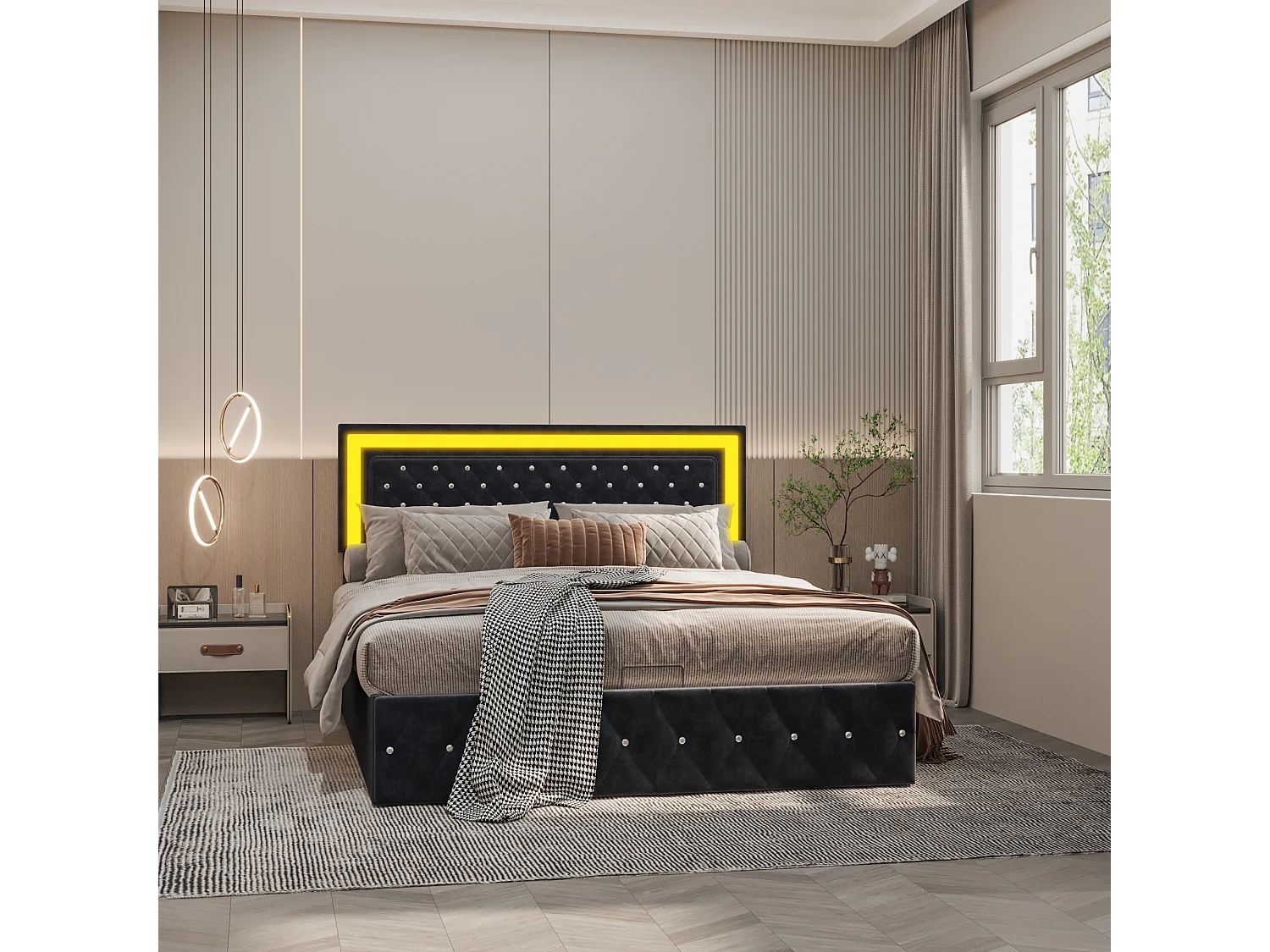 180x200 cm fløjlsseng med opbevaring - med LED-belysning og lamelbund - Dobbeltseng med opbevaring - med højdejusterbart hovedgærde - Sort