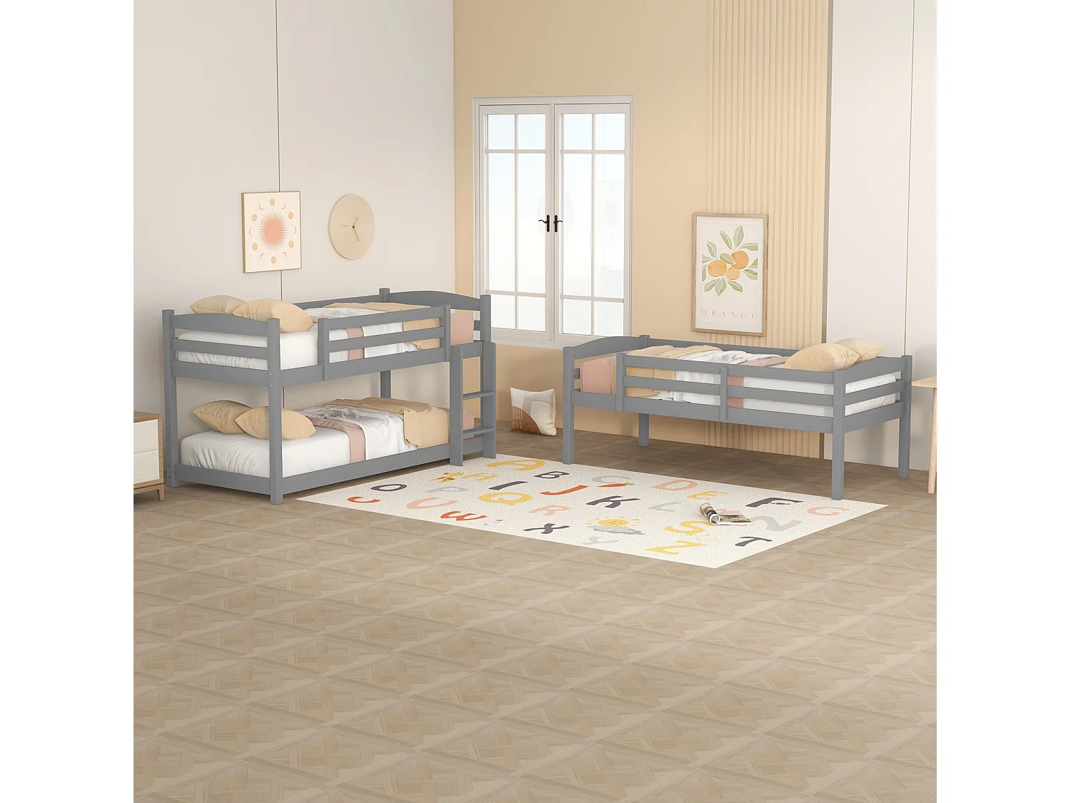 Stapelbedden 3 x 90 x 200 cm - Drie stapelbedden voor kinderen - MDF-hout - Lattenbodem - Grijs
