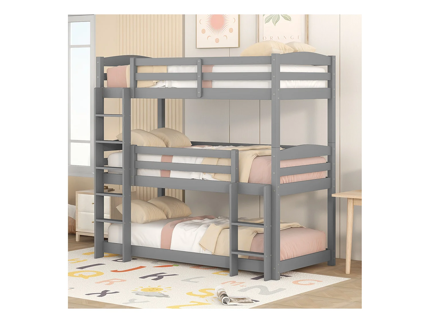 Lits superposés 3 x 90 x 200 cm - Trois lits superposés pour enfants - Bois MDF - Sommier à lattes - Gris