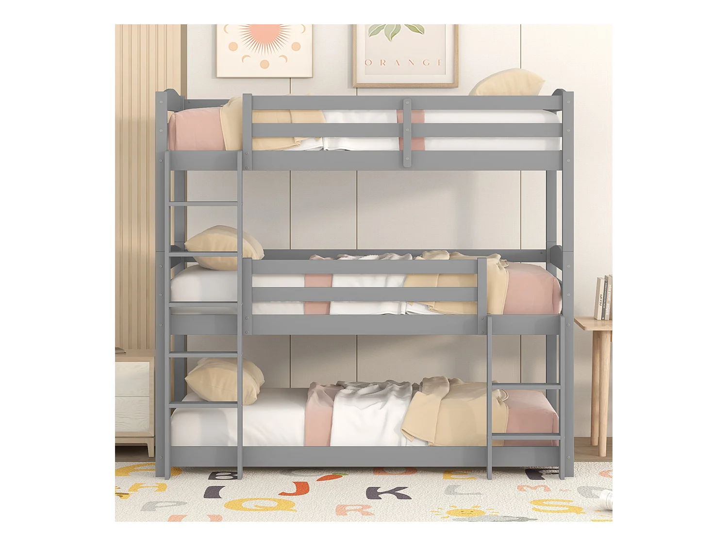 Lits superposés 3 x 90 x 200 cm - Trois lits superposés pour enfants - Bois MDF - Sommier à lattes - Gris
