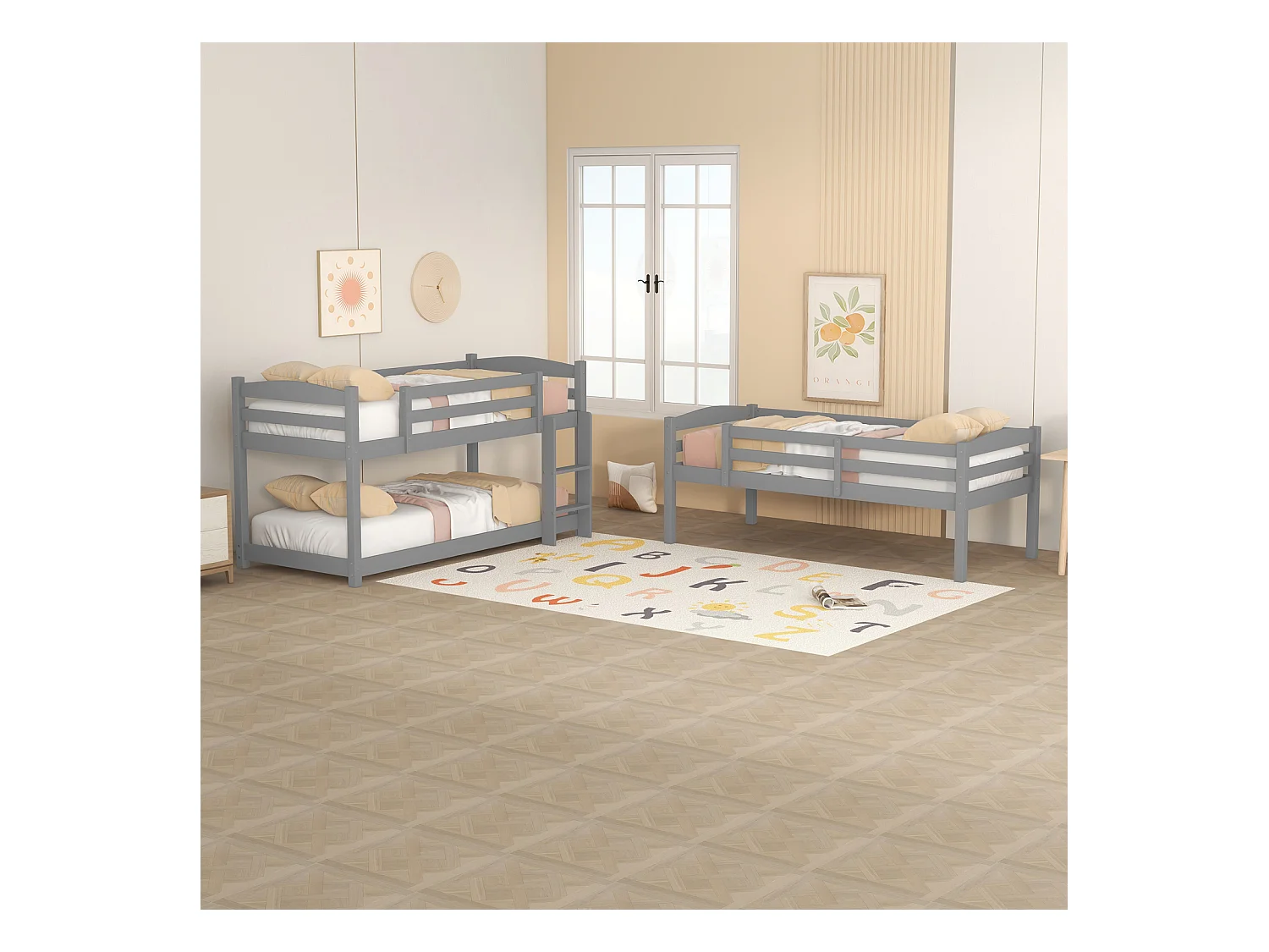 Lits superposés 3 x 90 x 200 cm - Trois lits superposés pour enfants - Bois MDF - Sommier à lattes - Gris