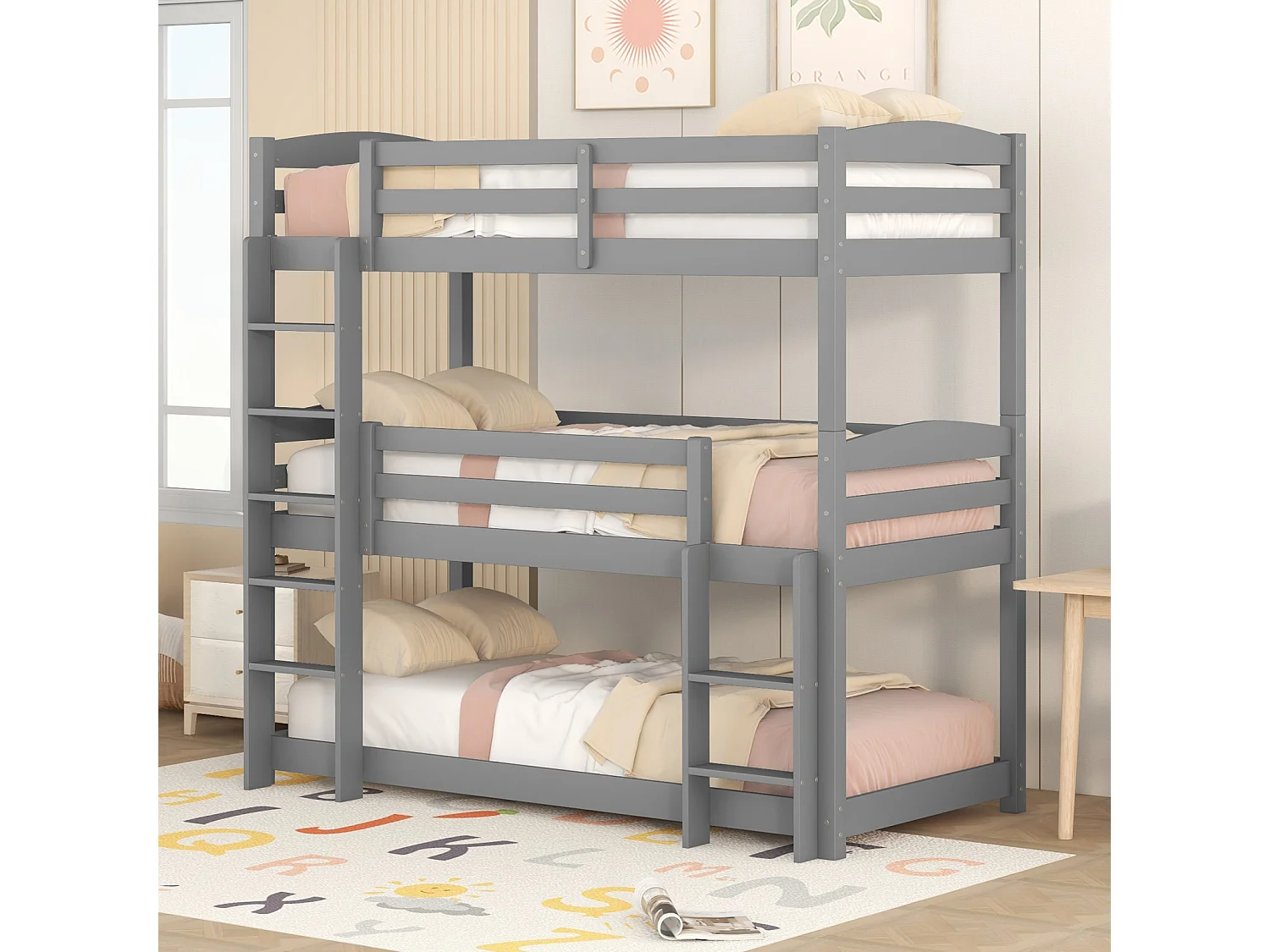 Lits superposés 3 x 90 x 200 cm - Trois lits superposés pour enfants - Bois MDF - Sommier à lattes - Gris