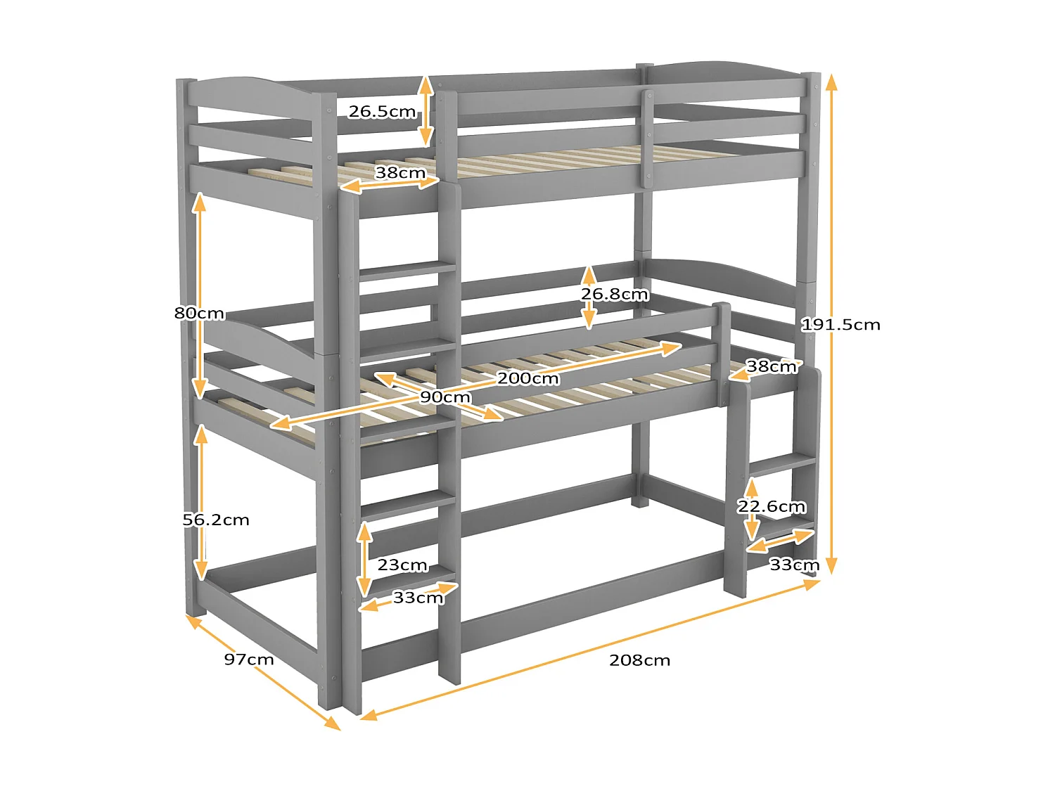 Lits superposés 3 x 90 x 200 cm - Trois lits superposés pour enfants - Bois MDF - Sommier à lattes - Gris