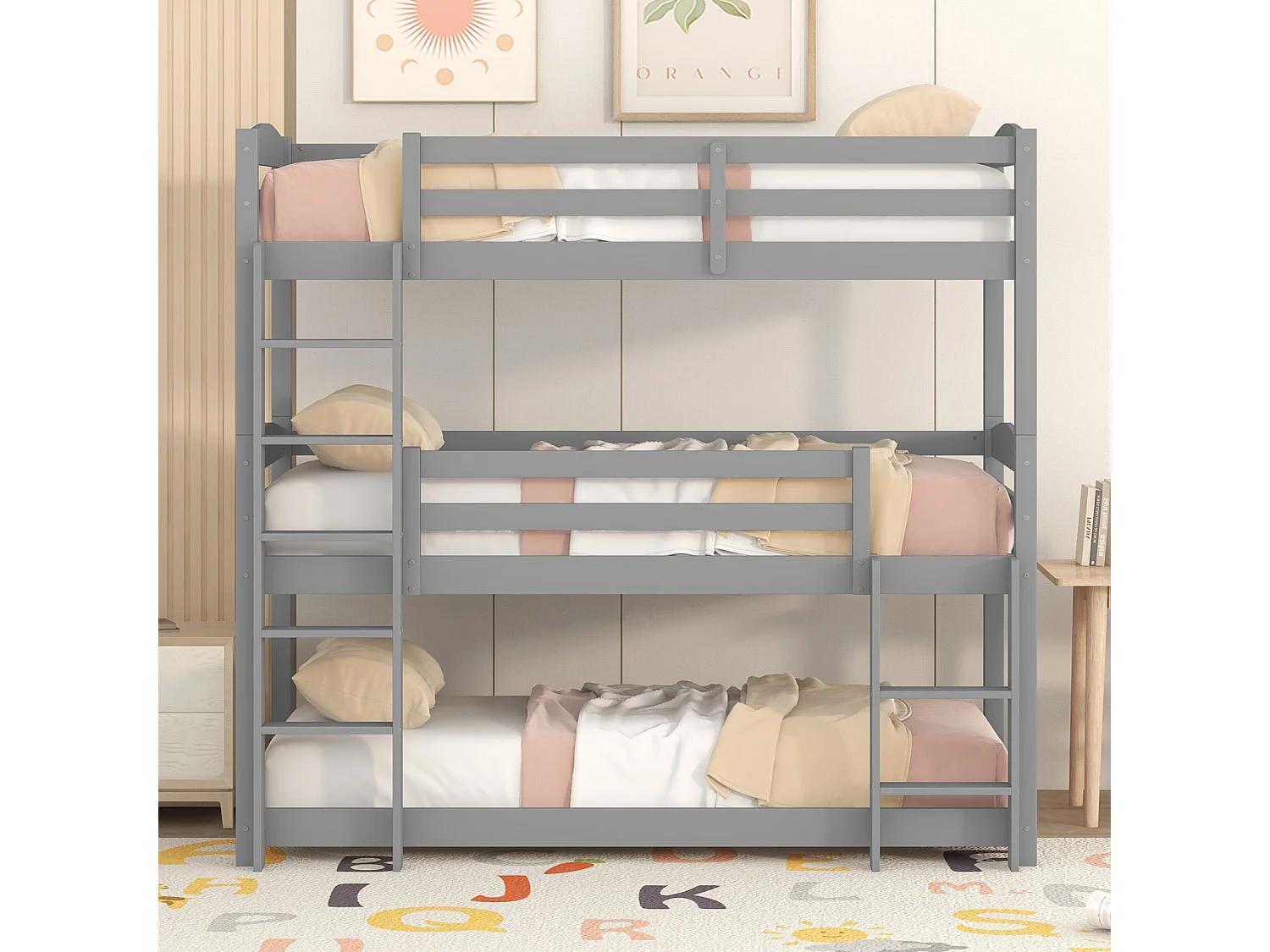 Lits superposés 3 x 90 x 200 cm - Trois lits superposés pour enfants - Bois MDF - Sommier à lattes - Gris