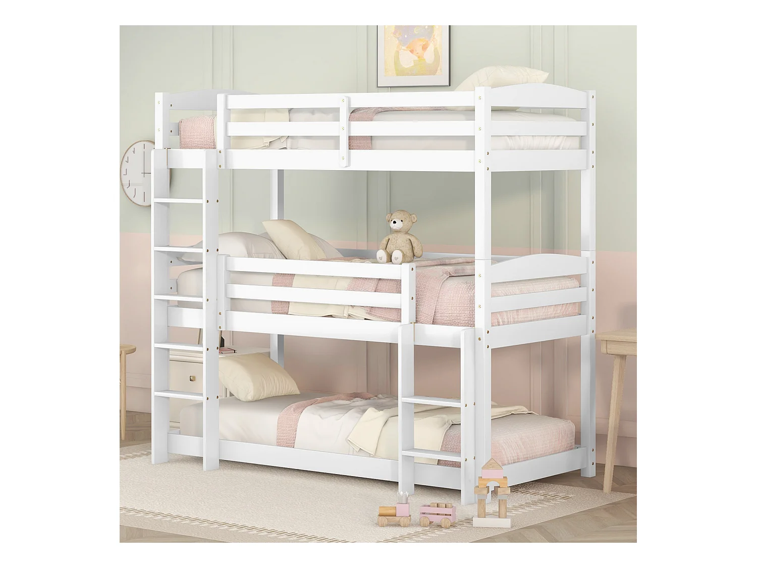 Lits superposés 3 x 90 x 200 cm - Trois lits superposés pour enfants - Bois MDF - Sommier à lattes - Blanc