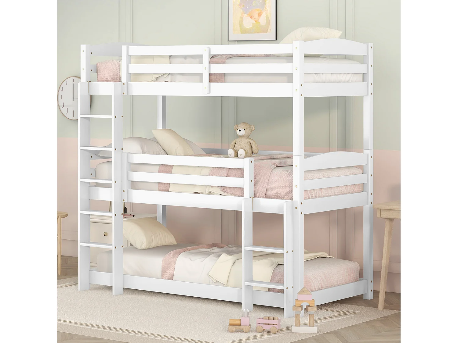 Lits superposés 3 x 90 x 200 cm - Trois lits superposés pour enfants - Bois MDF - Sommier à lattes - Blanc