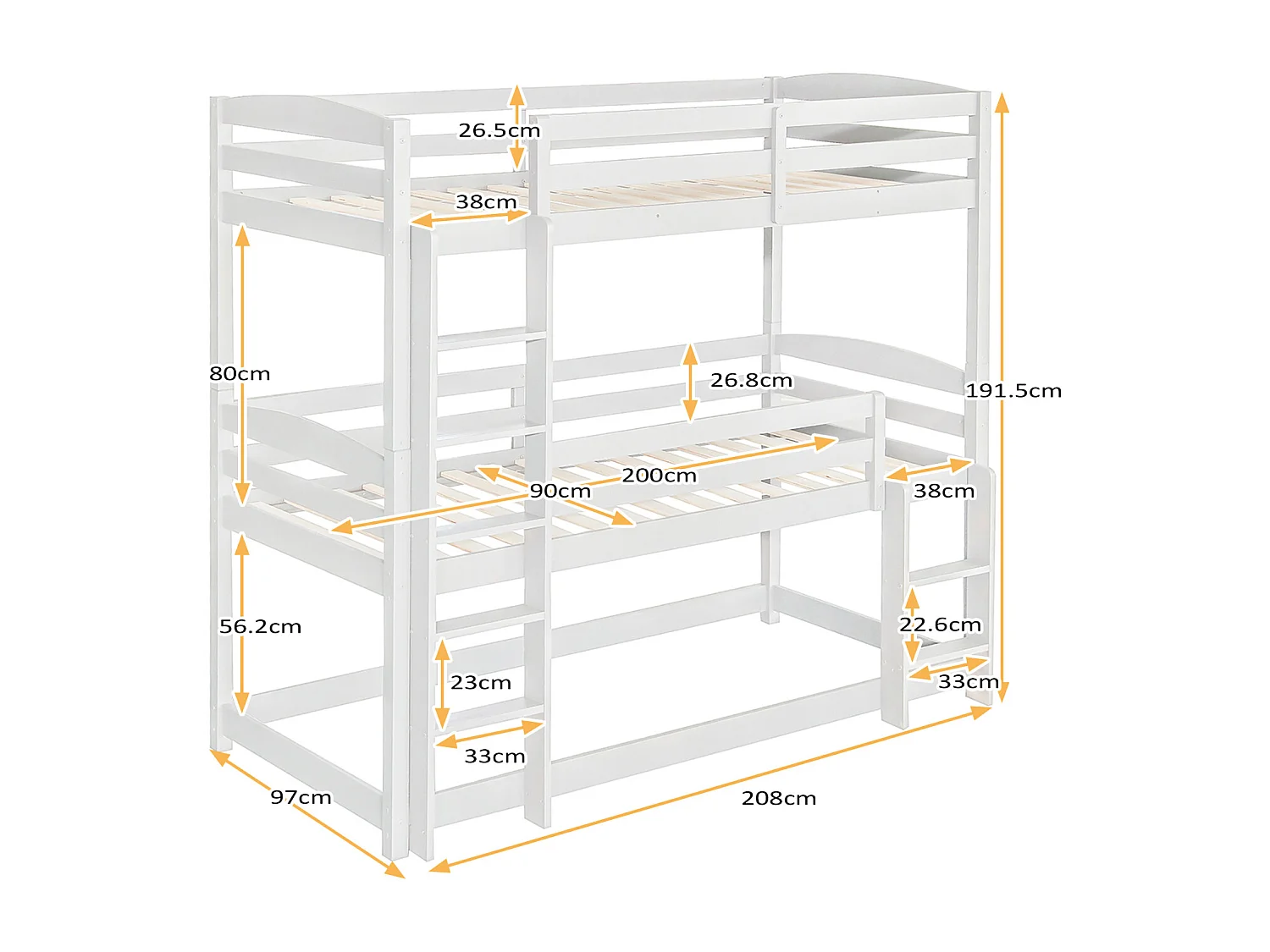 Lits superposés 3 x 90 x 200 cm - Trois lits superposés pour enfants - Bois MDF - Sommier à lattes - Blanc