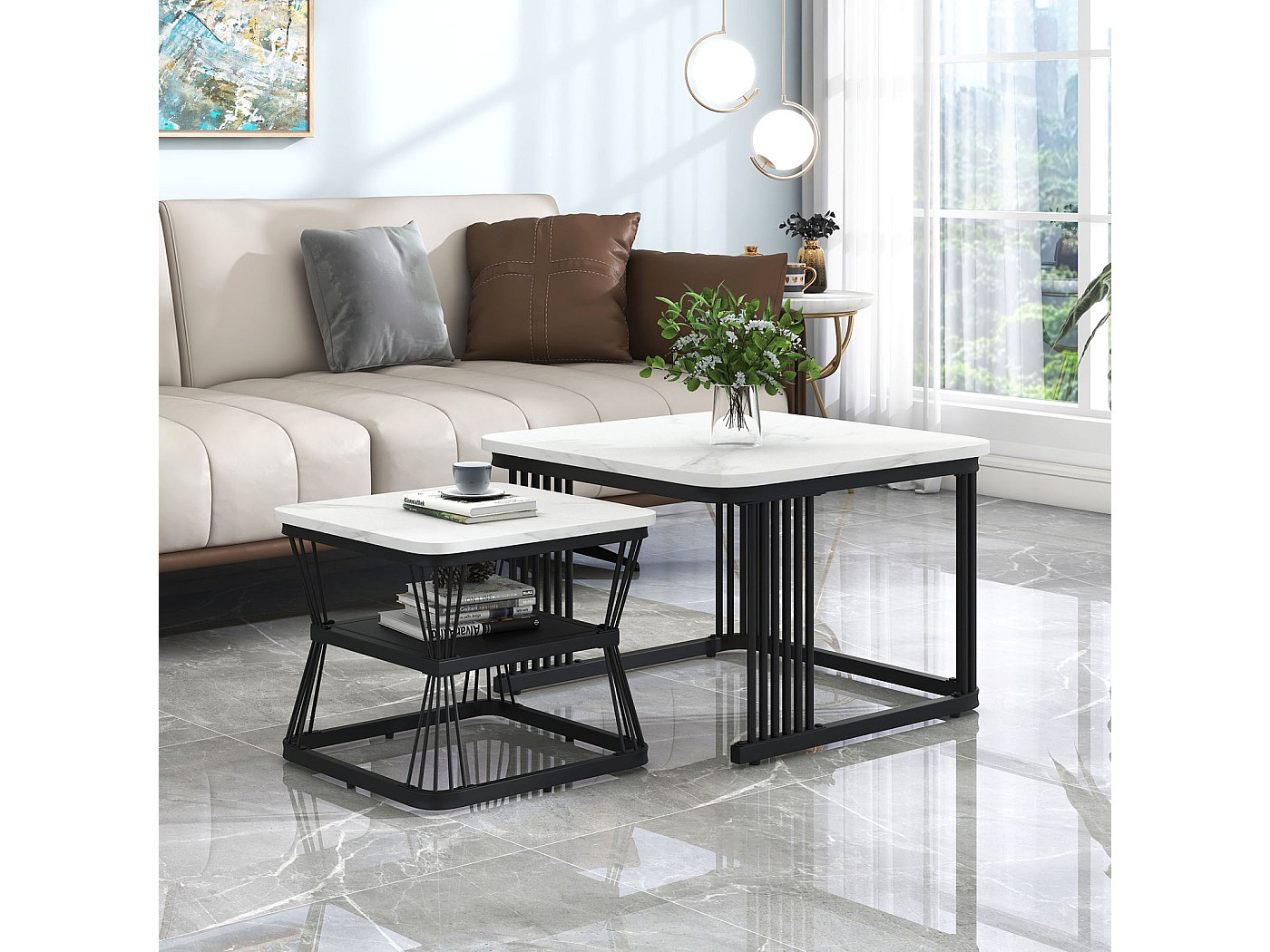 Lot De 2 Tables Basses - Rectangulaire (46x80cm) Et Ronde (Ø52cm) - Style Marbre Blanc, Structure Métal Noir