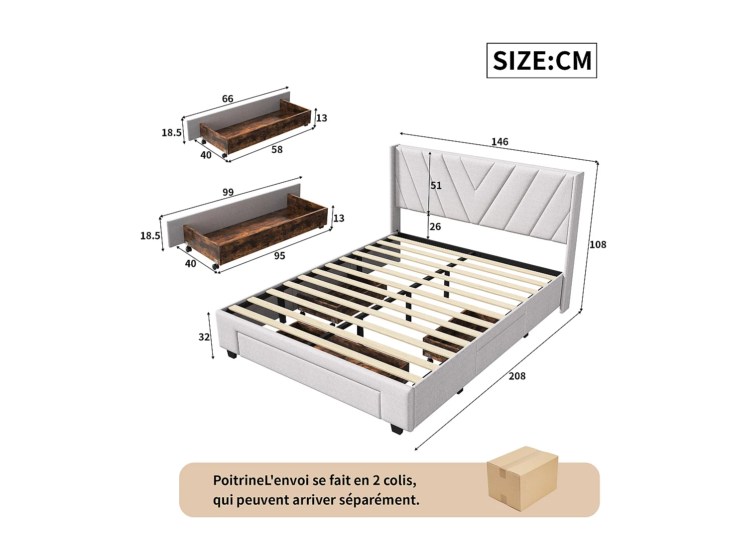 140x200cm linnen gestoffeerd bed met 3 lades + lattenbodem - Beige