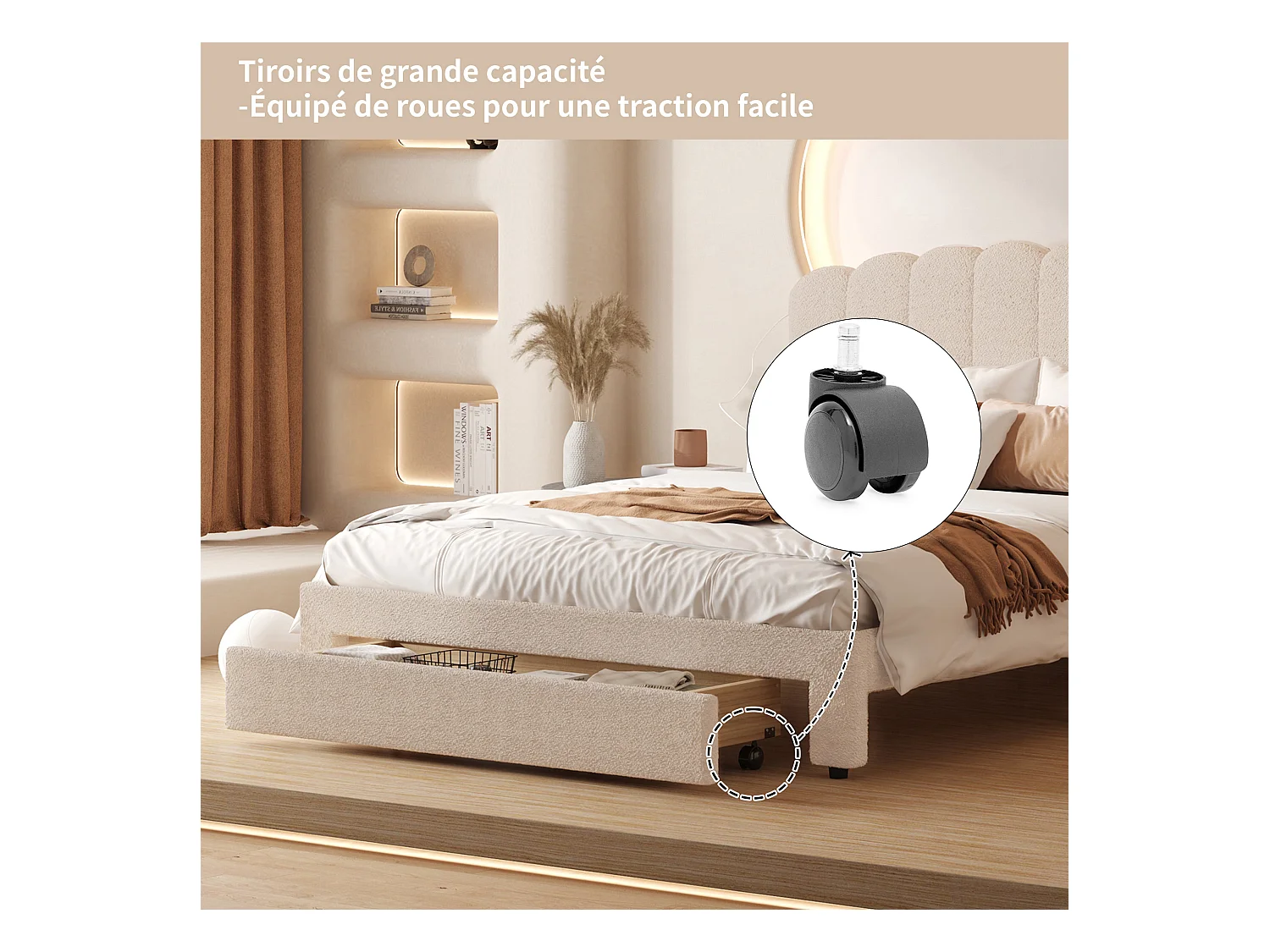 Lit double rembourré 140x200cm avec USB et grand tiroirs - tissu en sherpa - avec sommier à lattes - Beige