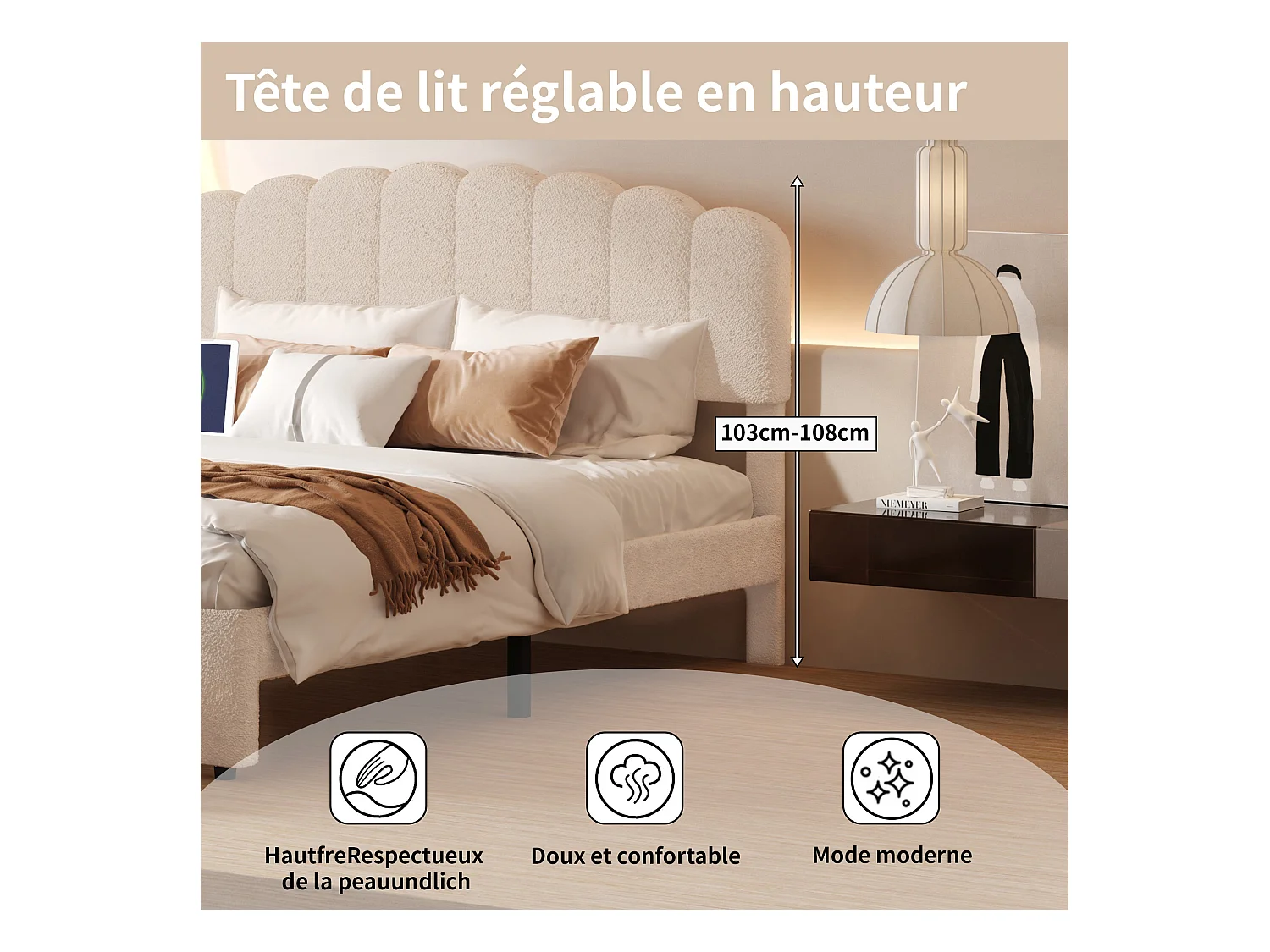 Lit double rembourré 140x200cm avec USB et grand tiroirs - tissu en sherpa - avec sommier à lattes - Beige