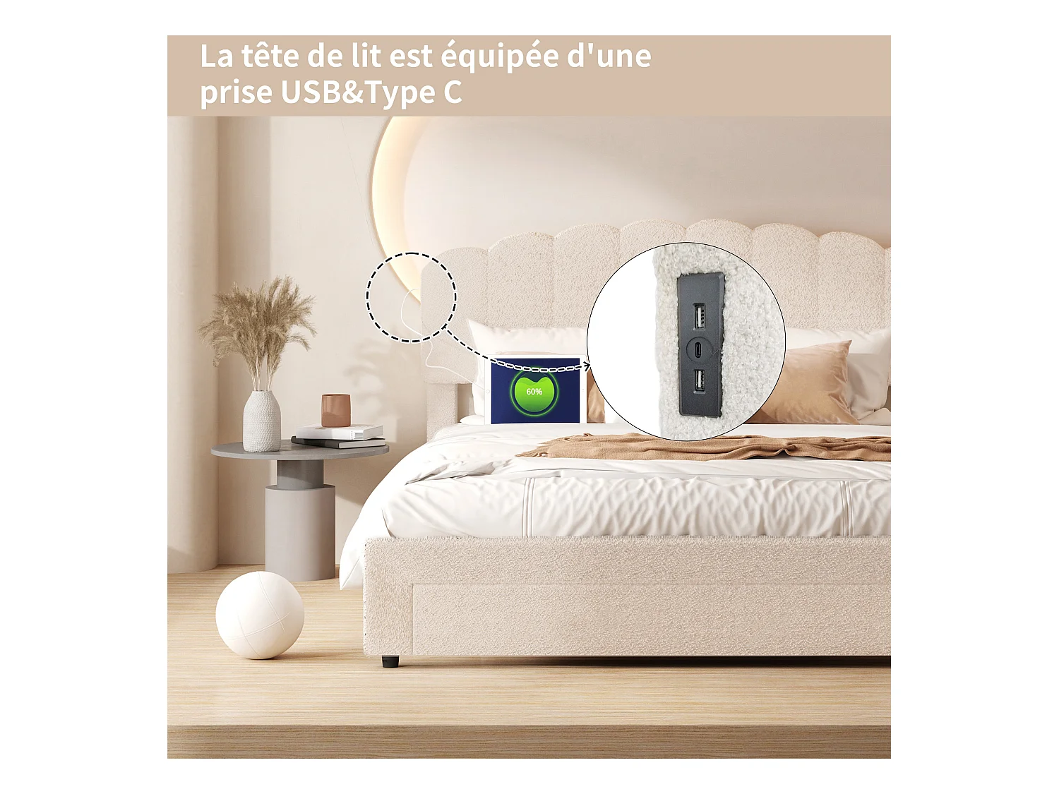 Lit double rembourré 140x200cm avec USB et grand tiroirs - tissu en sherpa - avec sommier à lattes - Beige