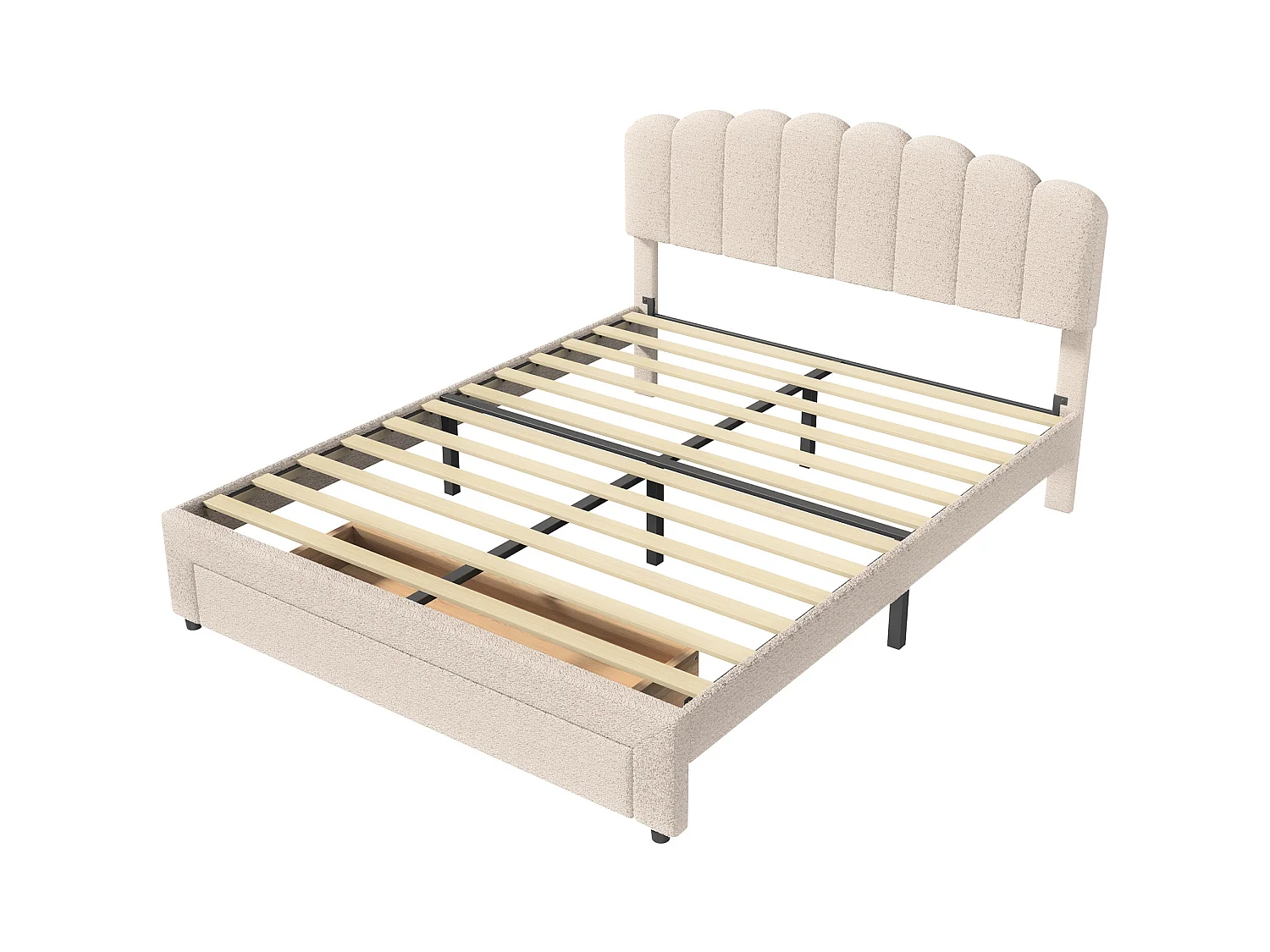 Lit double rembourré 140x200cm avec USB et grand tiroirs - tissu en sherpa - avec sommier à lattes - Beige