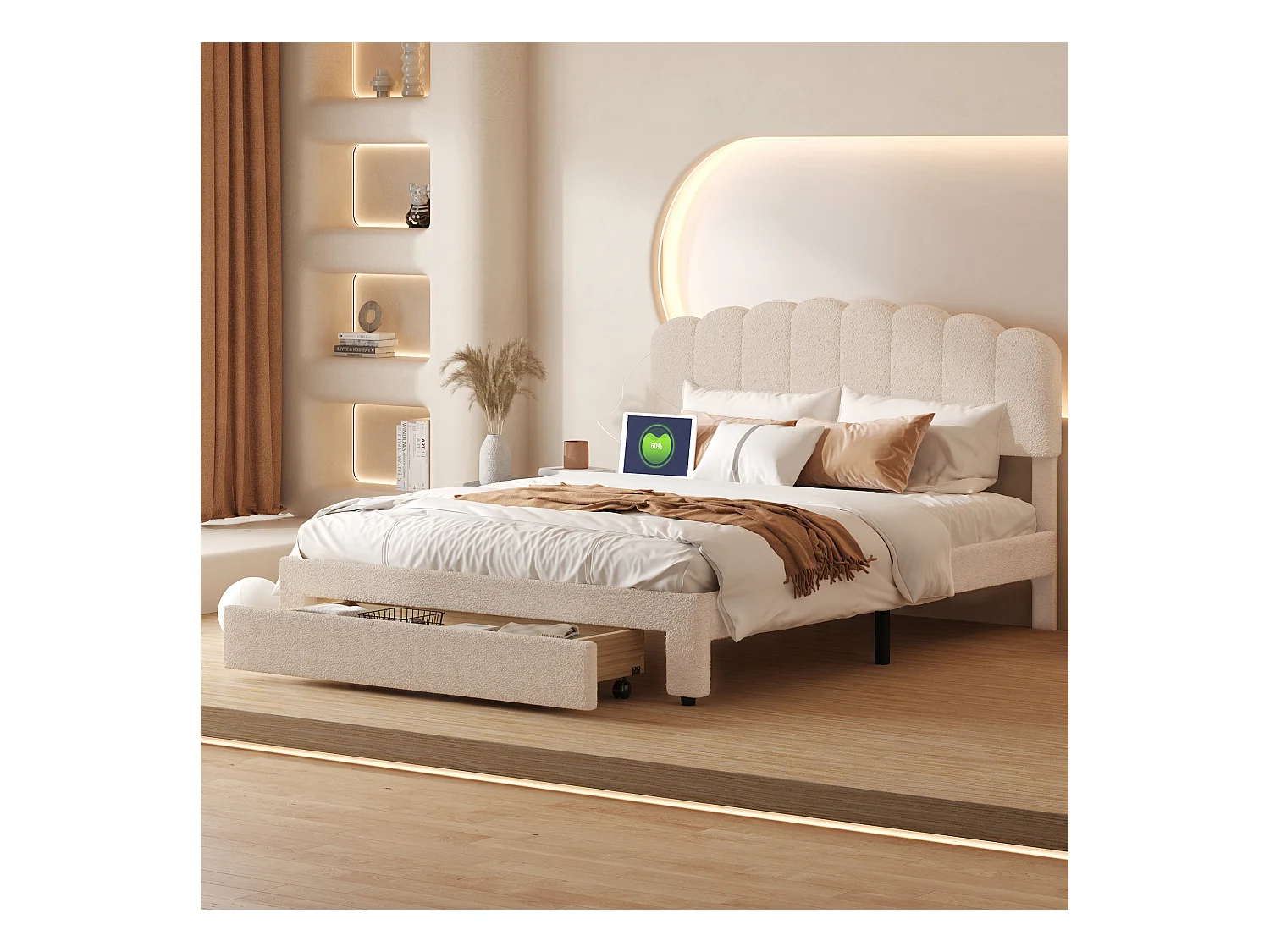 Lit double rembourré 140x200cm avec USB et grand tiroirs - tissu en sherpa - avec sommier à lattes - Beige