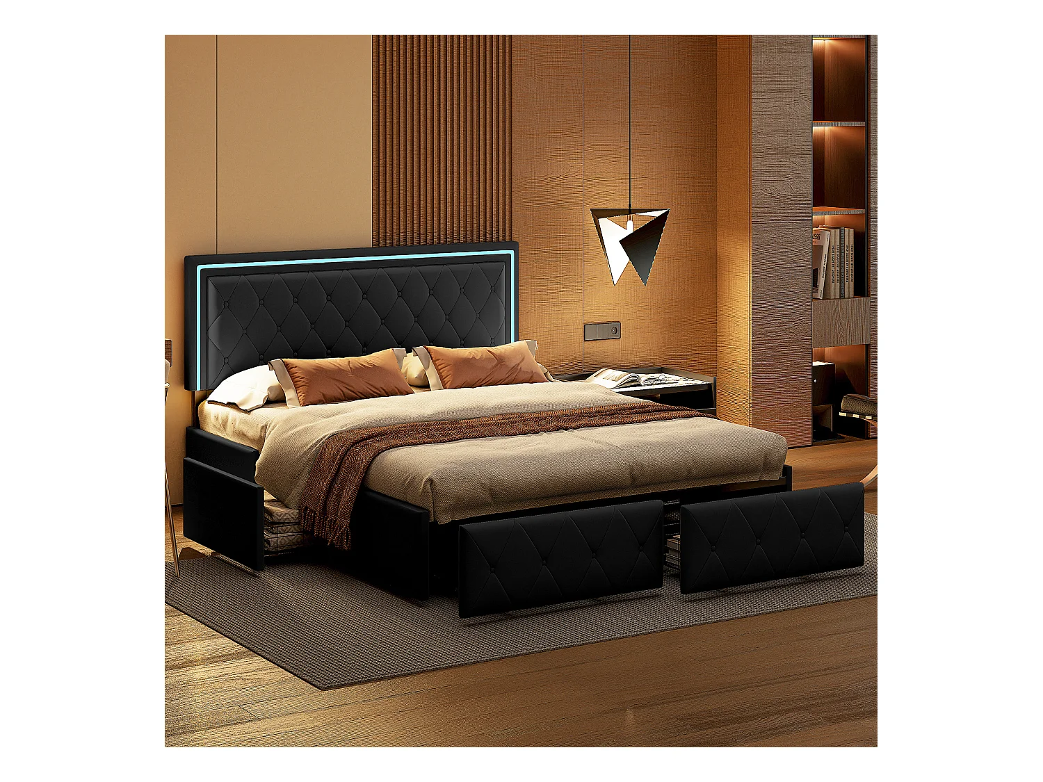 Lit double 140x200cm avec LED et 4 tiroirs - tissu en similicuir - avec sommier à lattes - Gris