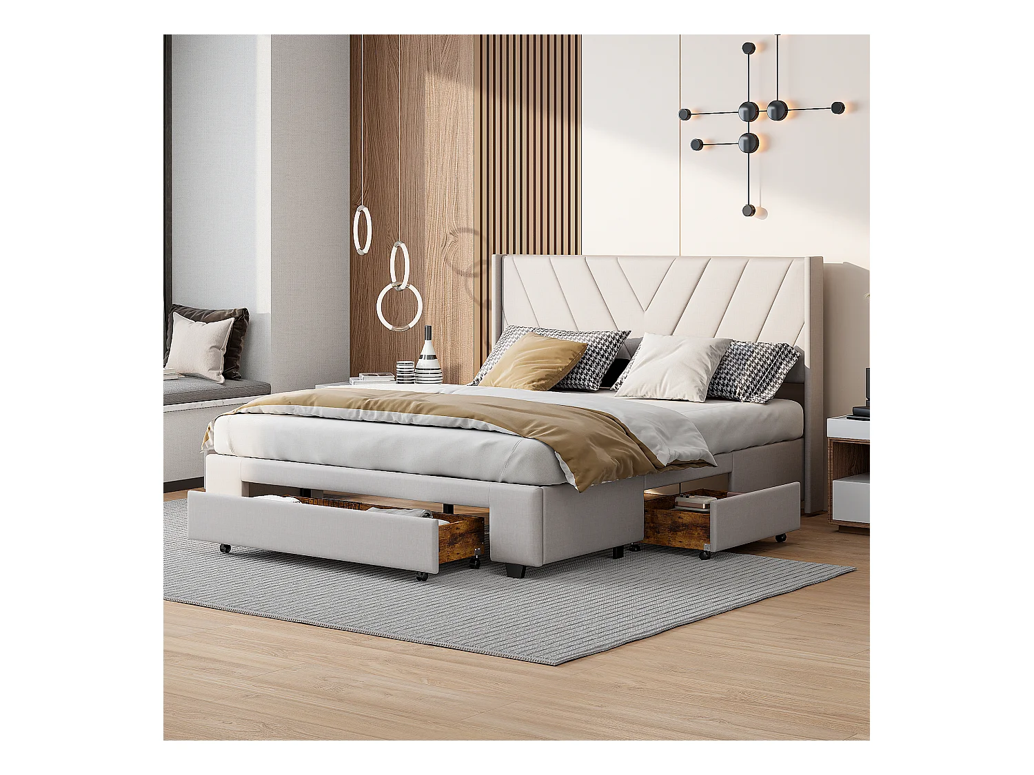 Letto imbottito in lino 160x200cm con 3 cassetti + rete a doghe - Beige