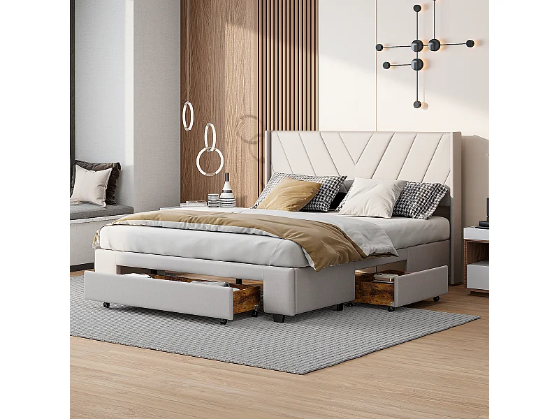 Cama tapizada de lino de 160x200cm con 3 cajones + somier de láminas - Beige