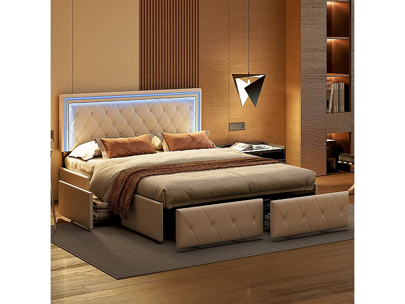 Doppelbett 140x200cm mit LED und 4 Schubladen - Kunstlederstoff - mit Lattenrost - Beige