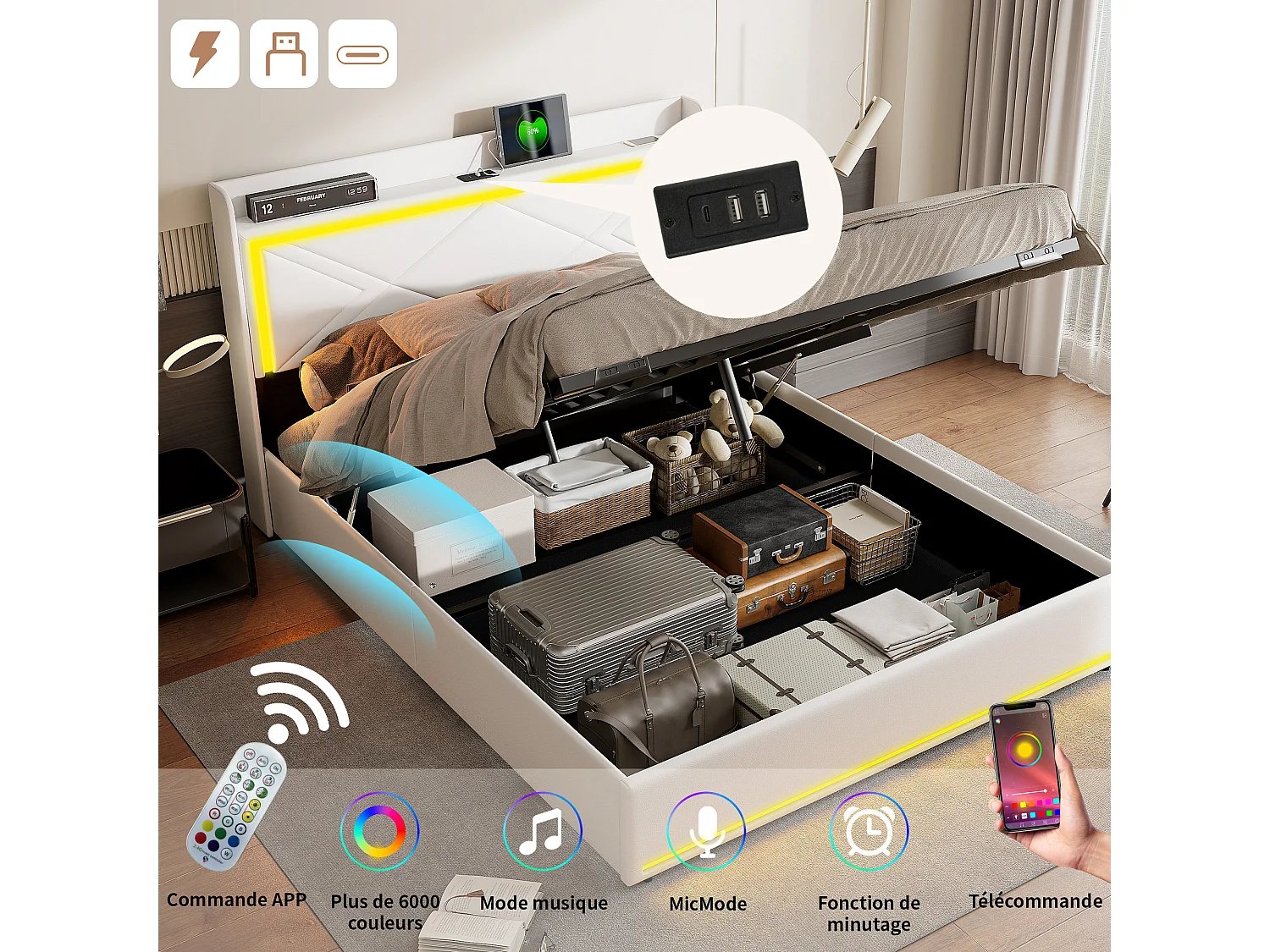 Letto contenitore 160x200cm in tessuto similpelle - con LED e porte USB - con rete a doghe - Bianco