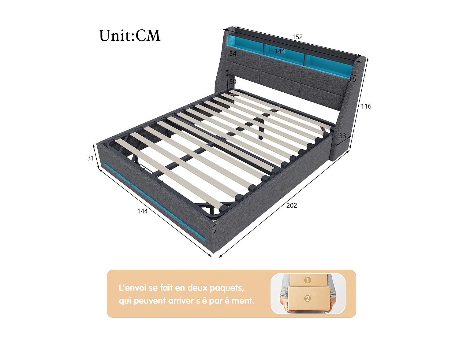 Lit coffre 140x200cm rembourré en tissu lin - avec LED et Ports de charge - avec sommier à lattes - Gris