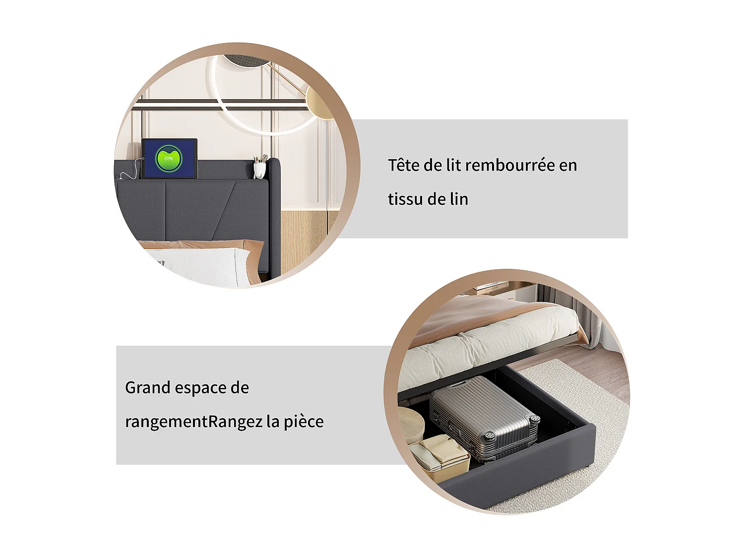 Lit coffre 160x200cm en tissu lin avec port USB - tête de lit et sommier à lattes - Gris