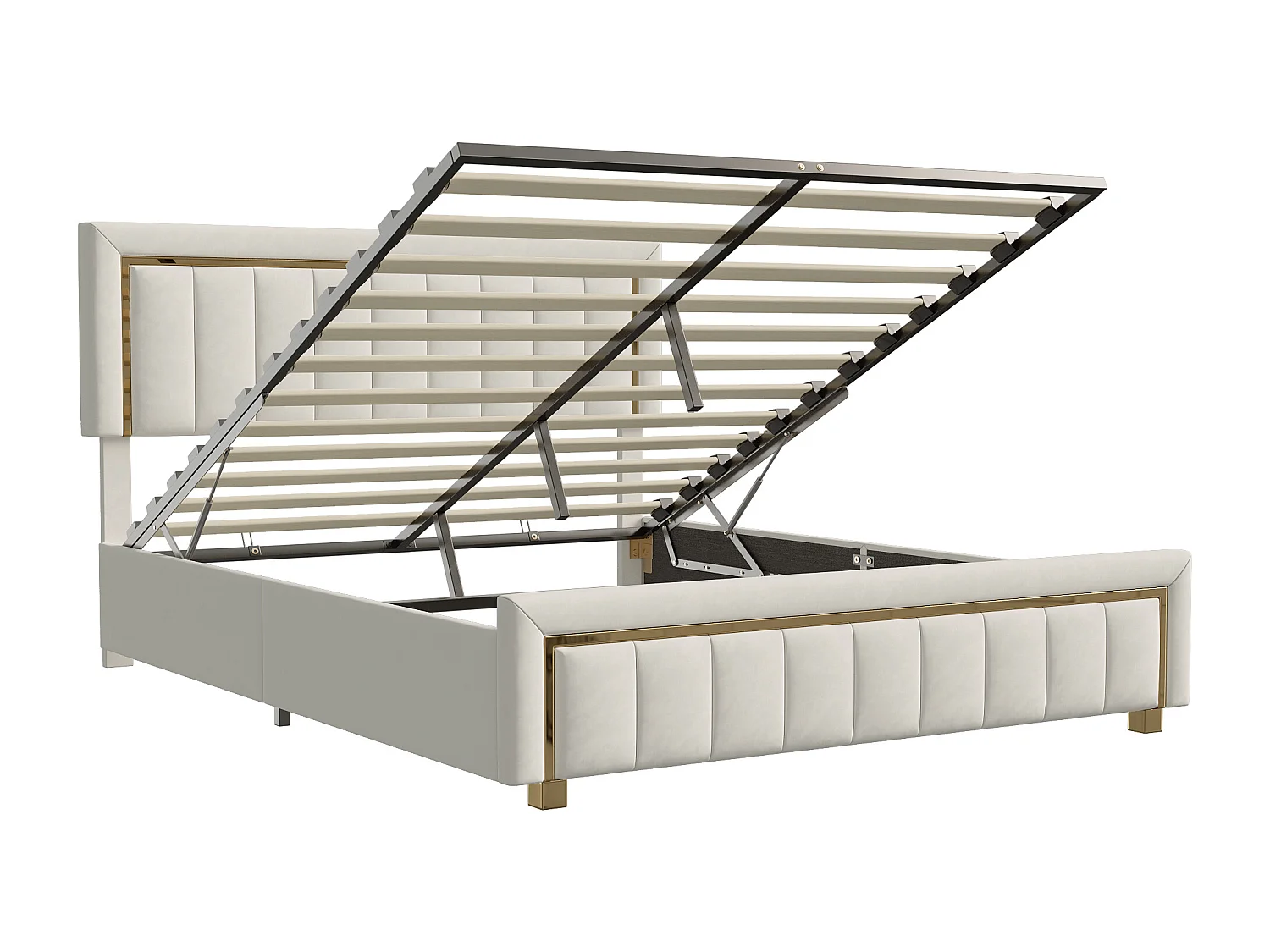 Cama de terciopelo con canapé 160x200cm - cama de matrimonio funcional con canapé - somier de láminas y cajón hidráulico - beige