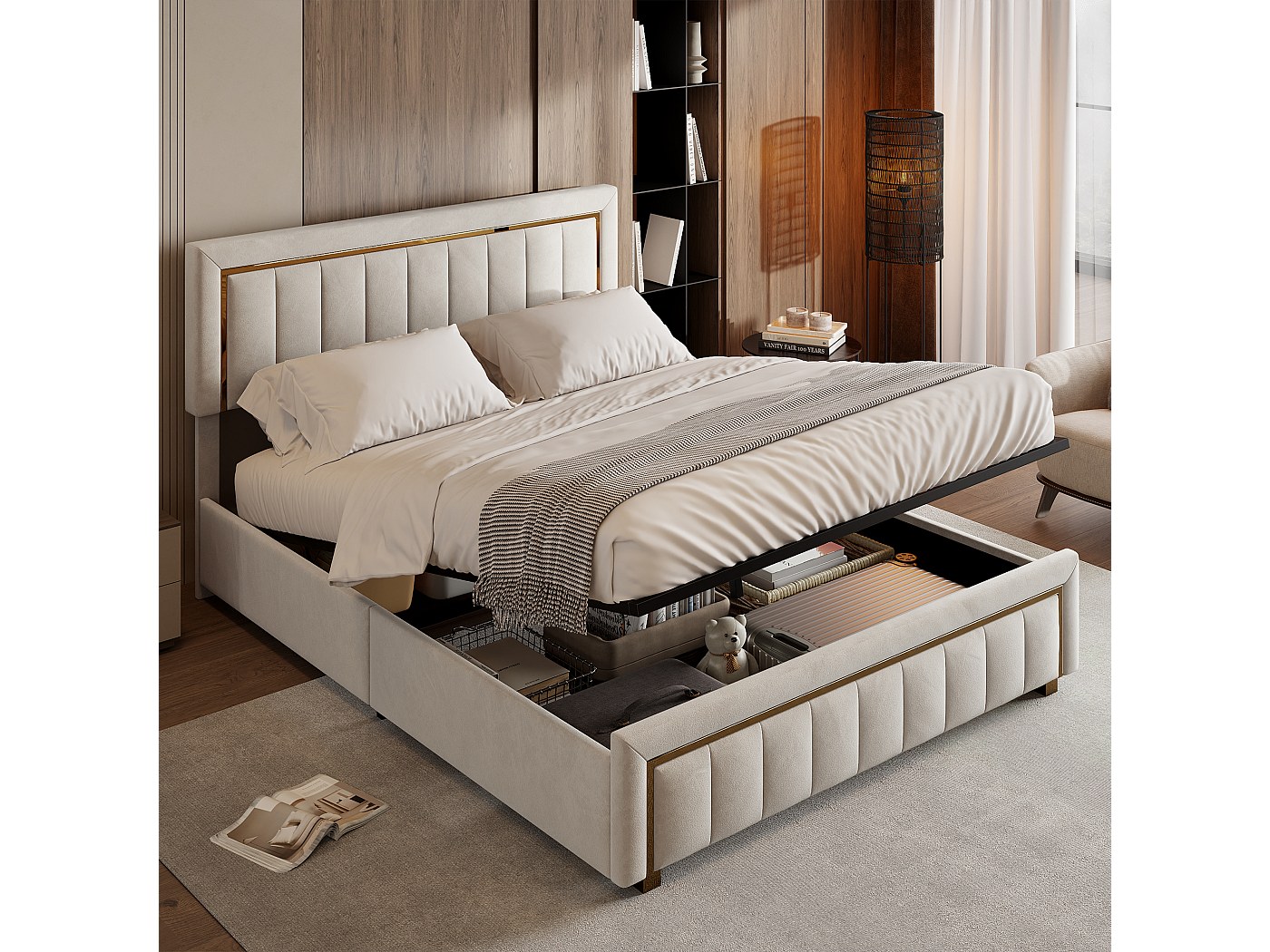 Lit Coffre 160x200 Avec Rangement Hydraulique - Tête De Lit Velours, LED RGB, Sommier Lattes, Couleur Beige