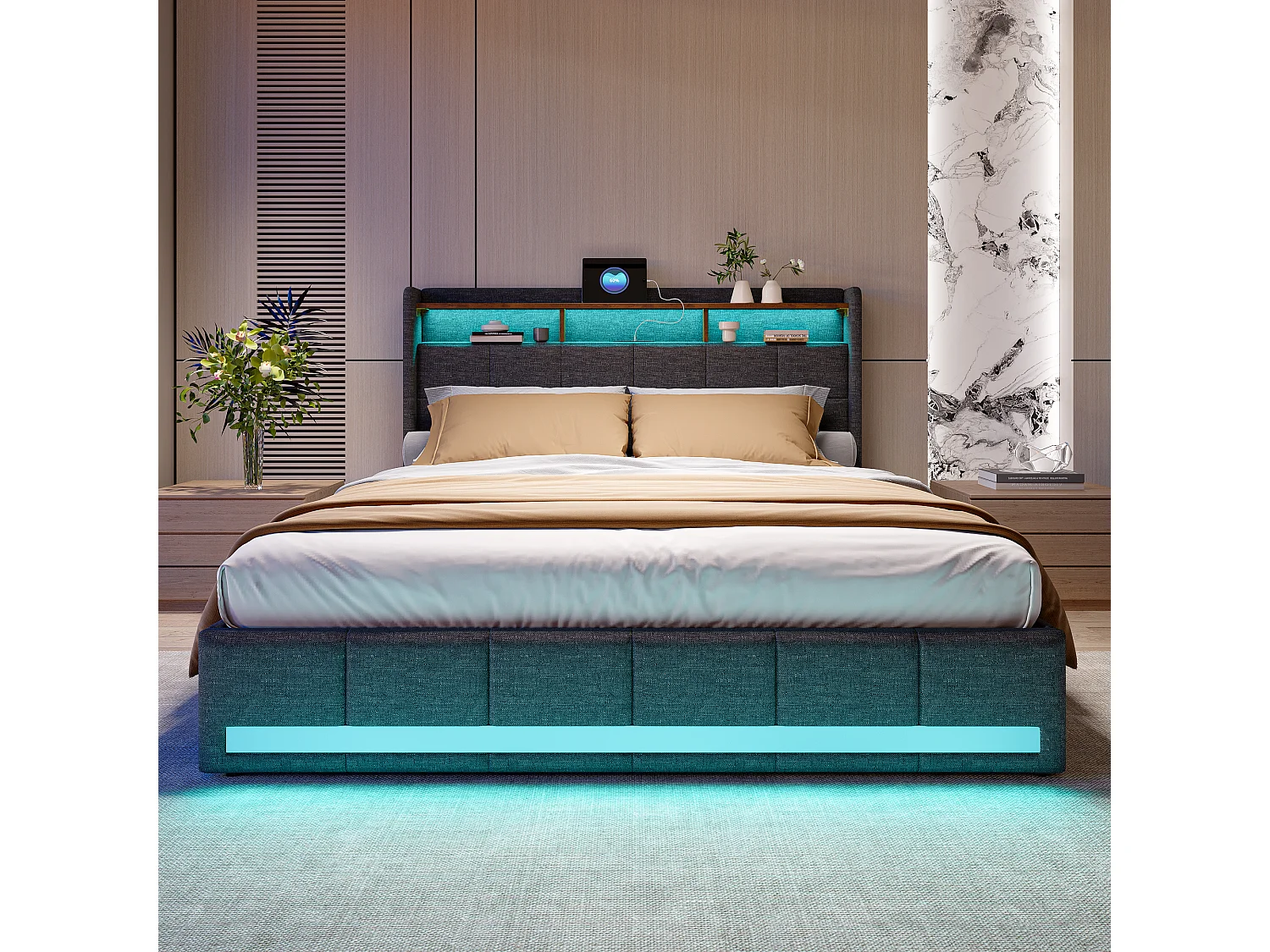 160x200cm opbergbed in linnen stof met LED, USB-poort en 4 lades - hoofdbord en lattenbodem - Grijs