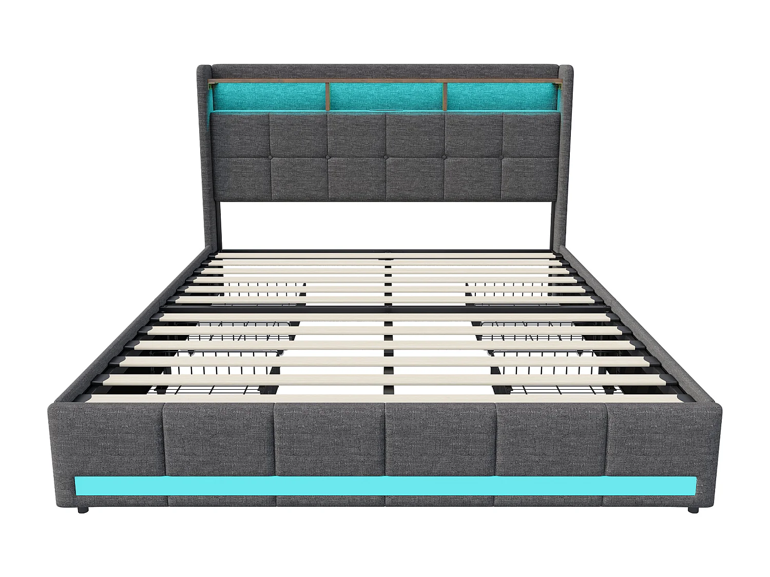 160x200cm opbergbed in linnen stof met LED, USB-poort en 4 lades - hoofdbord en lattenbodem - Grijs