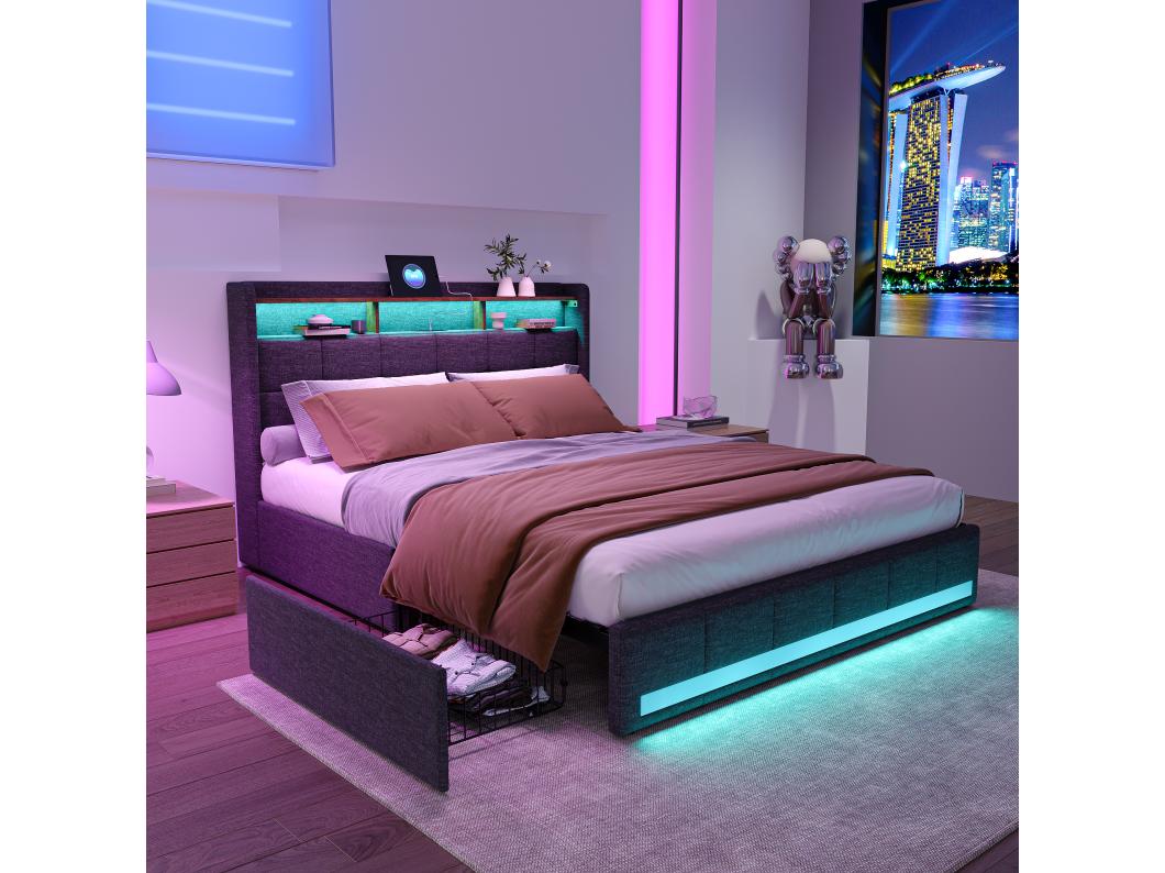 Cama canapé de 160x200cm en tejido de lino con LED, puerto USB y 4 cajones - cabecero y somier de láminas - Gris