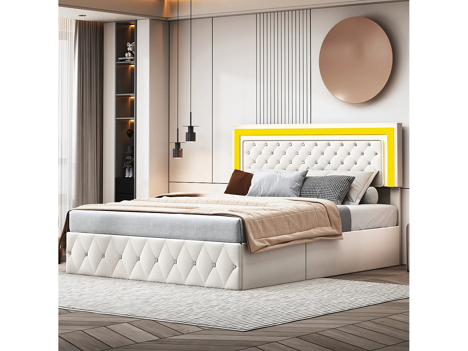 180x200 cm fluwelen opbergbed - met LED en lattenbodem - Tweepersoonsbed met opbergruimte - met in hoogte verstelbaar hoofdeinde - Beige