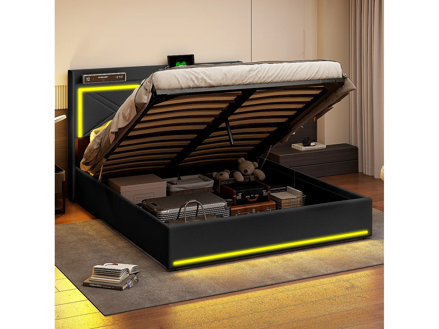 Lit coffre 140x200cm en tissu similicuir - avec LED et Ports de USB - avec sommier à lattes - Noir