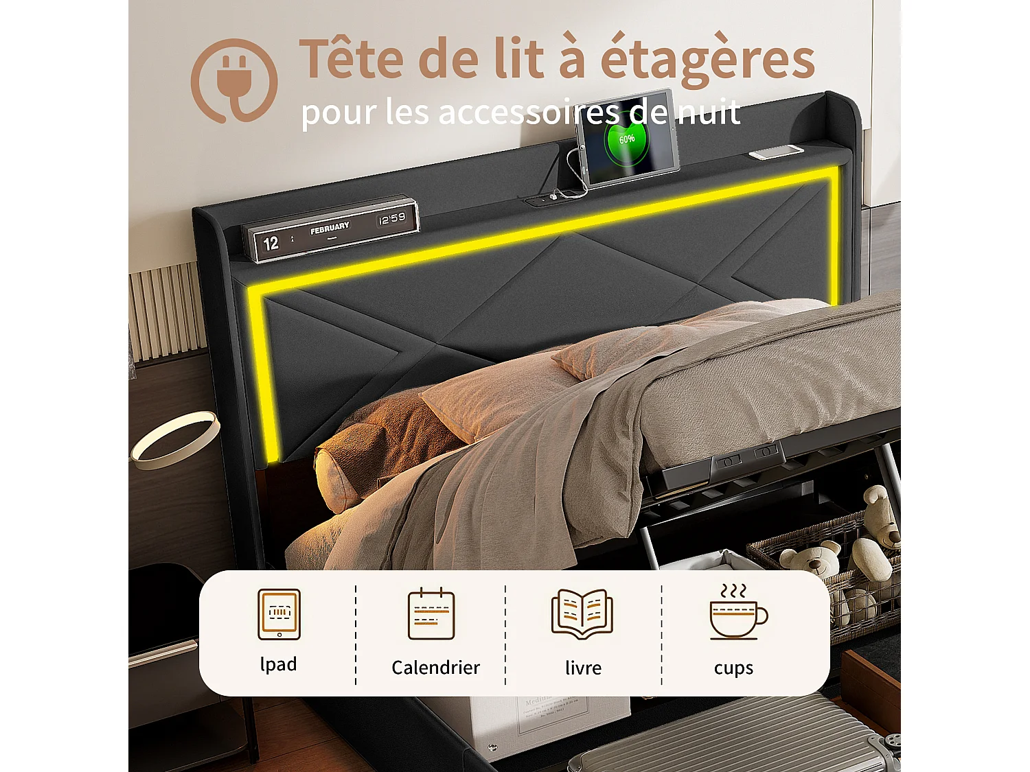 Lit coffre 140x200cm en tissu similicuir - avec LED et Ports de USB - avec sommier à lattes - Noir