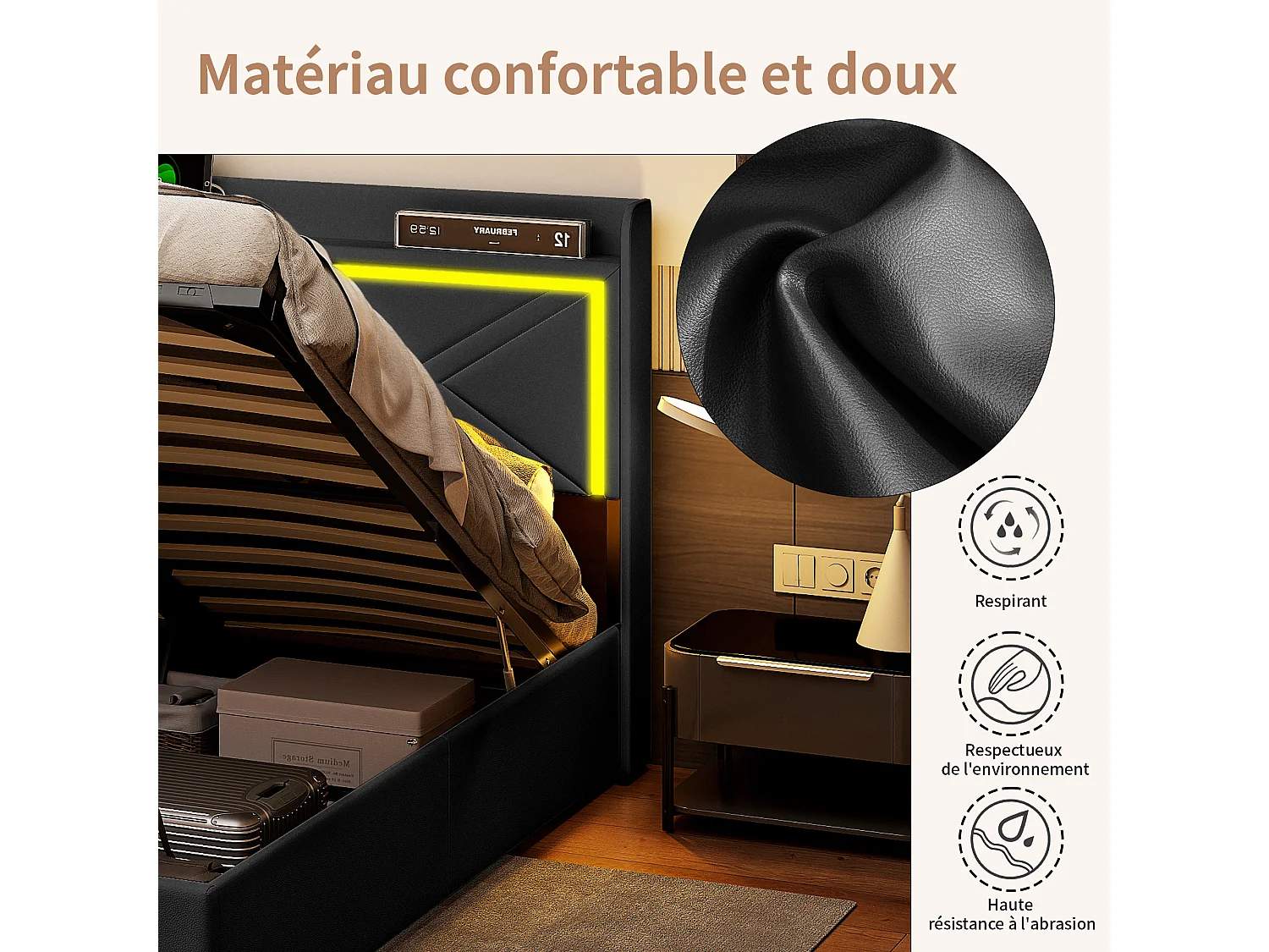Lit coffre 140x200cm en tissu similicuir - avec LED et Ports de USB - avec sommier à lattes - Noir