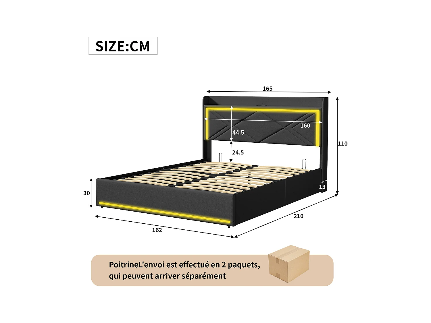 Lit coffre 160x200cm en tissu similicuir - avec LED et Ports de USB - avec sommier à lattes - Noir