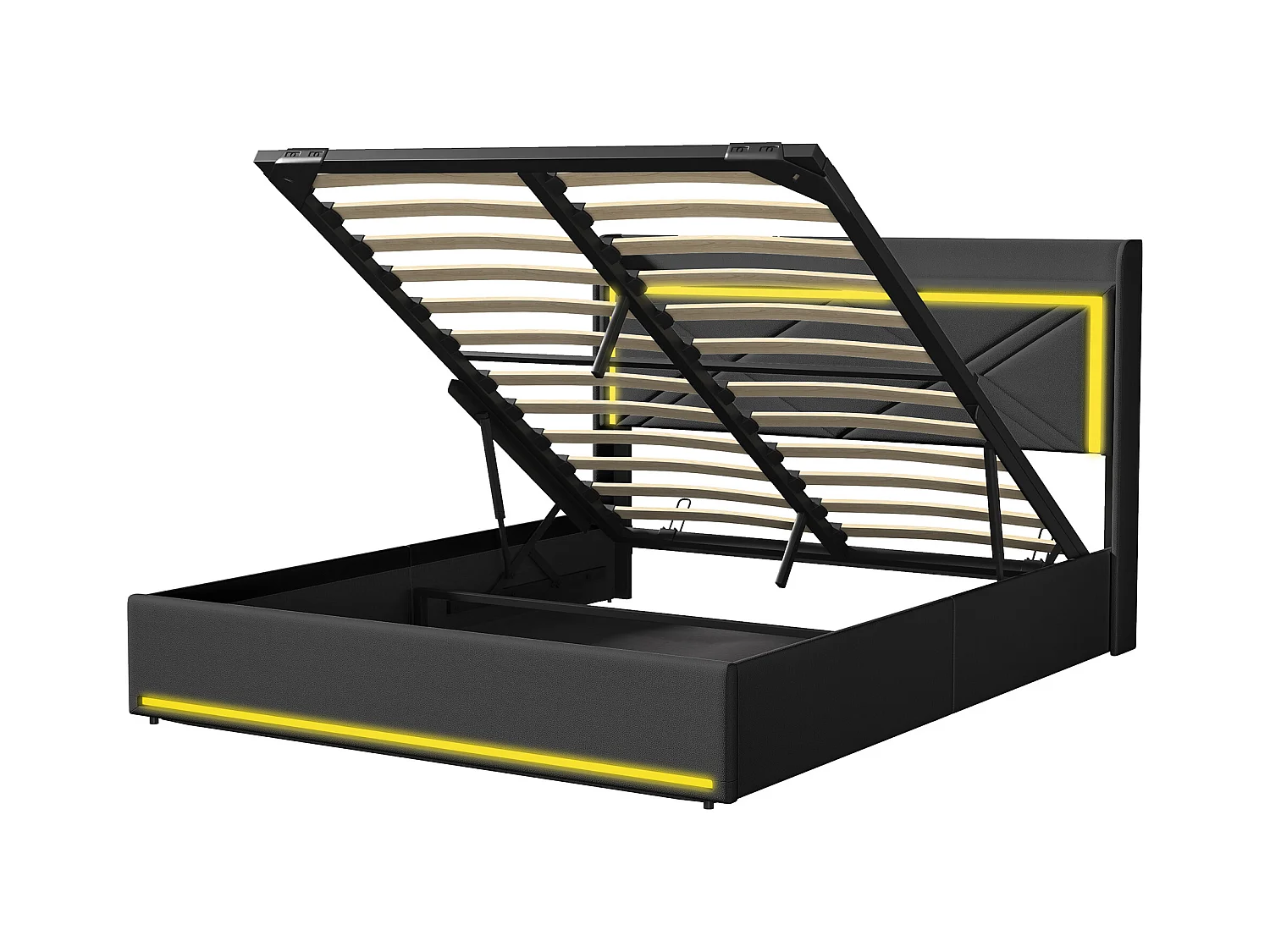 Lit coffre 160x200cm en tissu similicuir - avec LED et Ports de USB - avec sommier à lattes - Noir