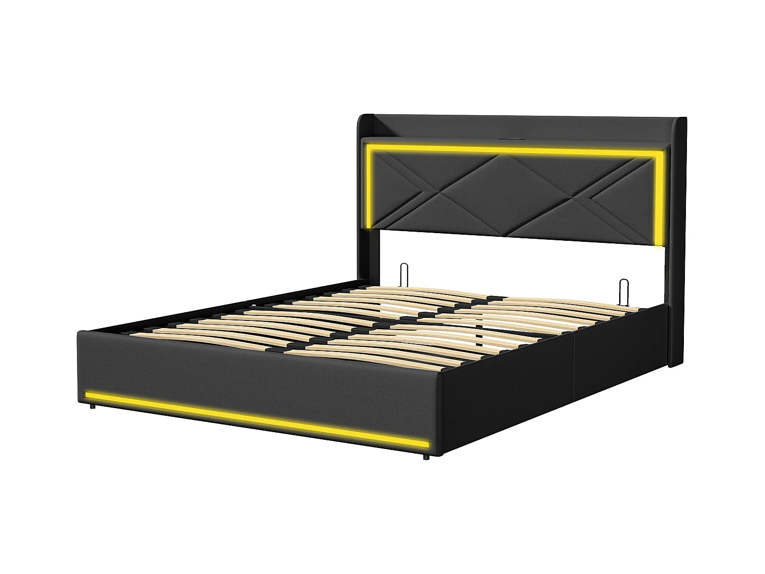 Lit coffre 160x200cm en tissu similicuir - avec LED et Ports de USB - avec sommier à lattes - Noir