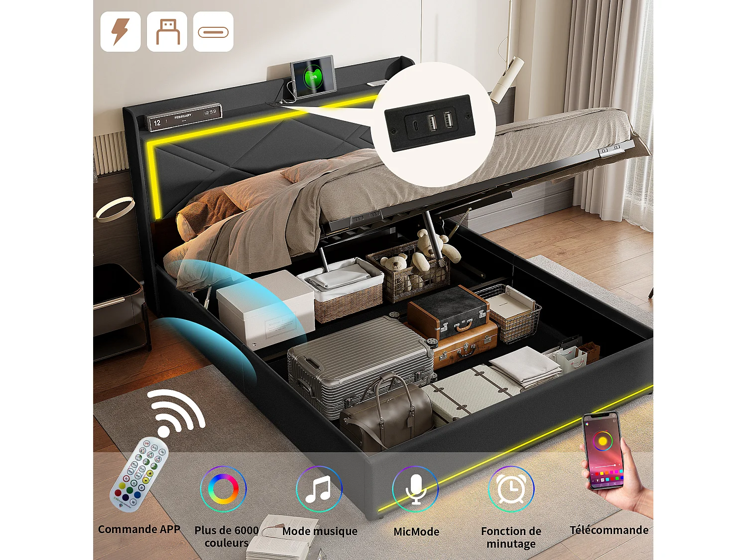Lit coffre 160x200cm en tissu similicuir - avec LED et Ports de USB - avec sommier à lattes - Noir