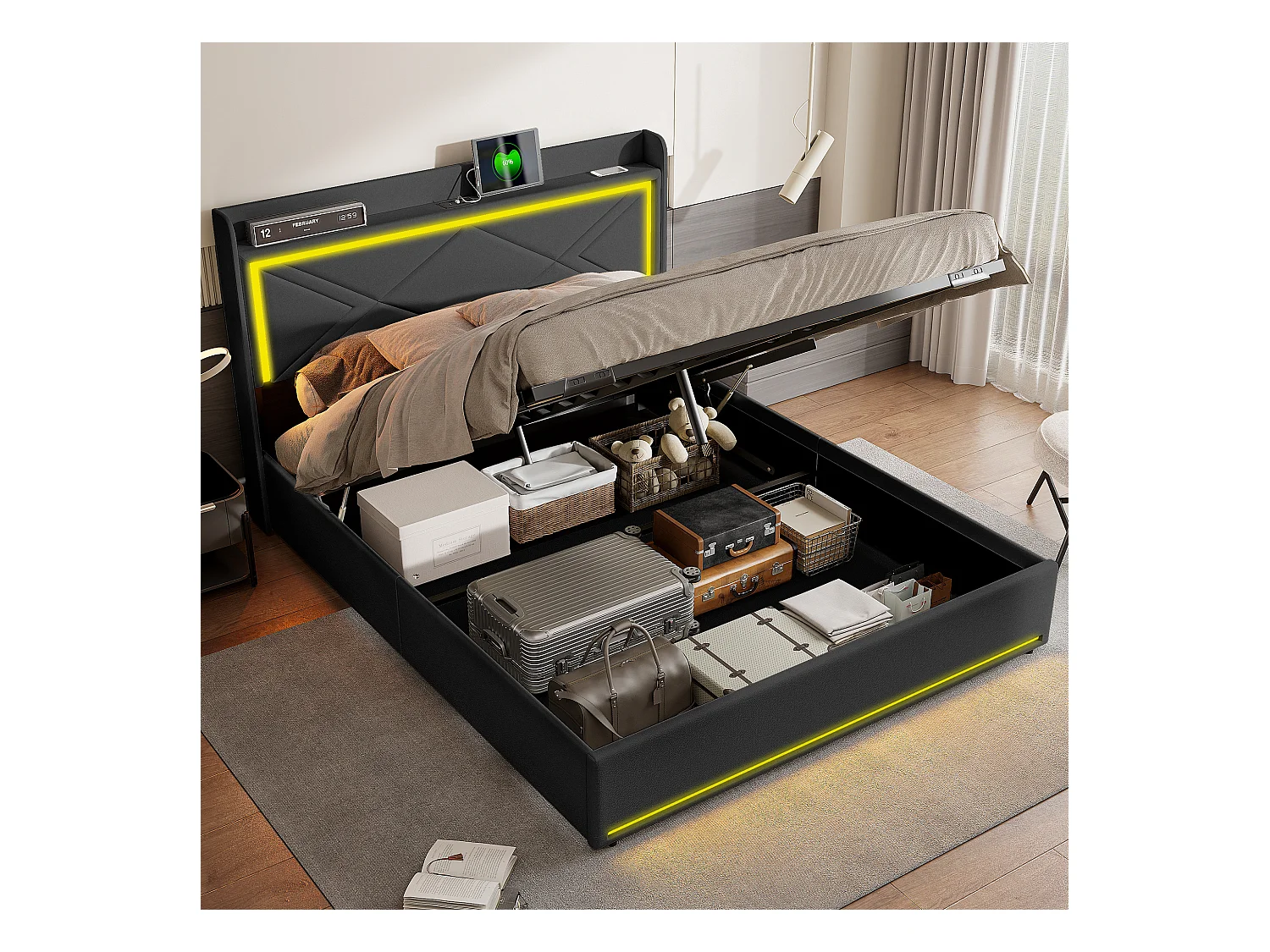 Lit coffre 160x200cm en tissu similicuir - avec LED et Ports de USB - avec sommier à lattes - Noir