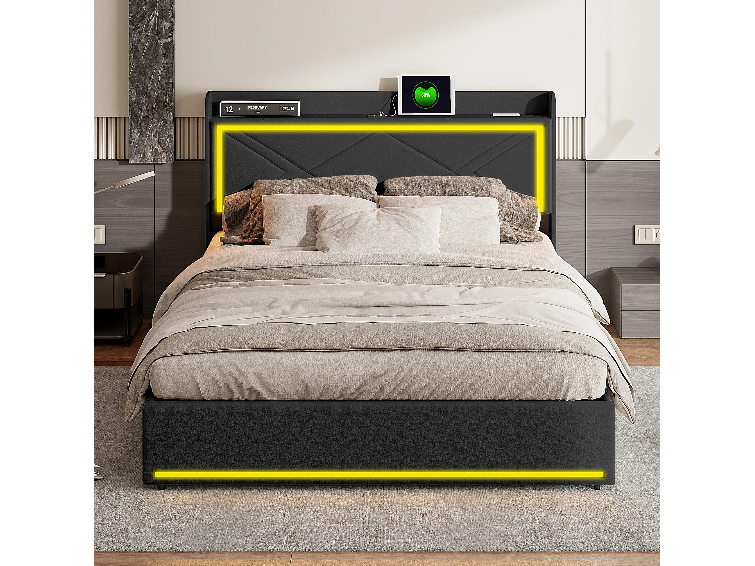 Lit coffre 160x200cm en tissu similicuir - avec LED et Ports de USB - avec sommier à lattes - Noir