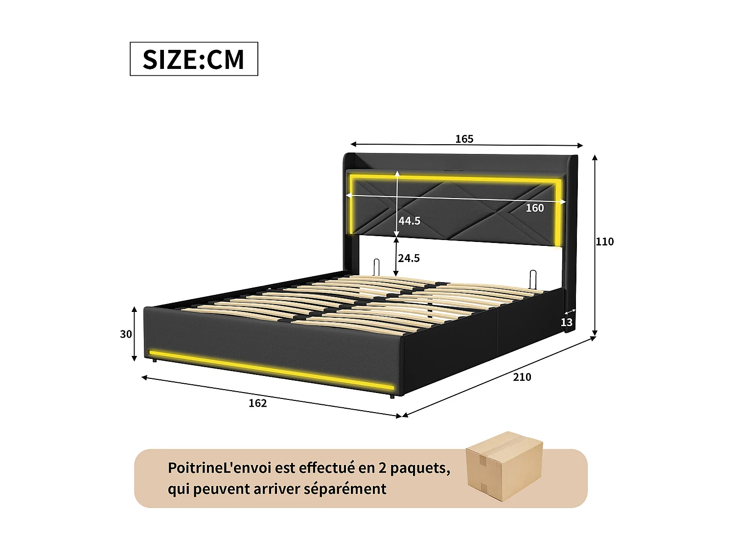 Lit coffre 160x200cm en tissu similicuir - avec LED et Ports de USB - avec sommier à lattes - Noir