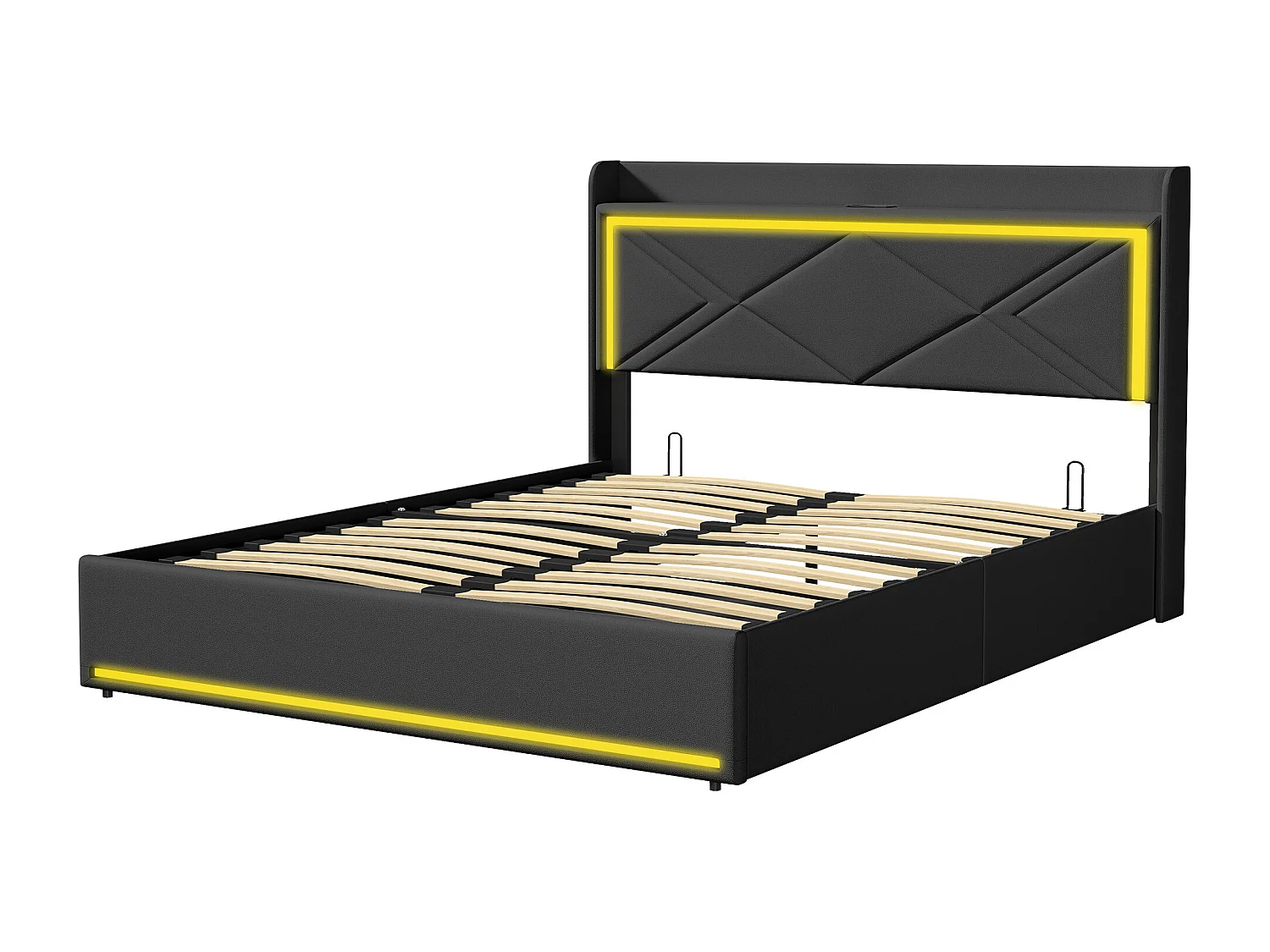 Lit coffre 160x200cm en tissu similicuir - avec LED et Ports de USB - avec sommier à lattes - Noir