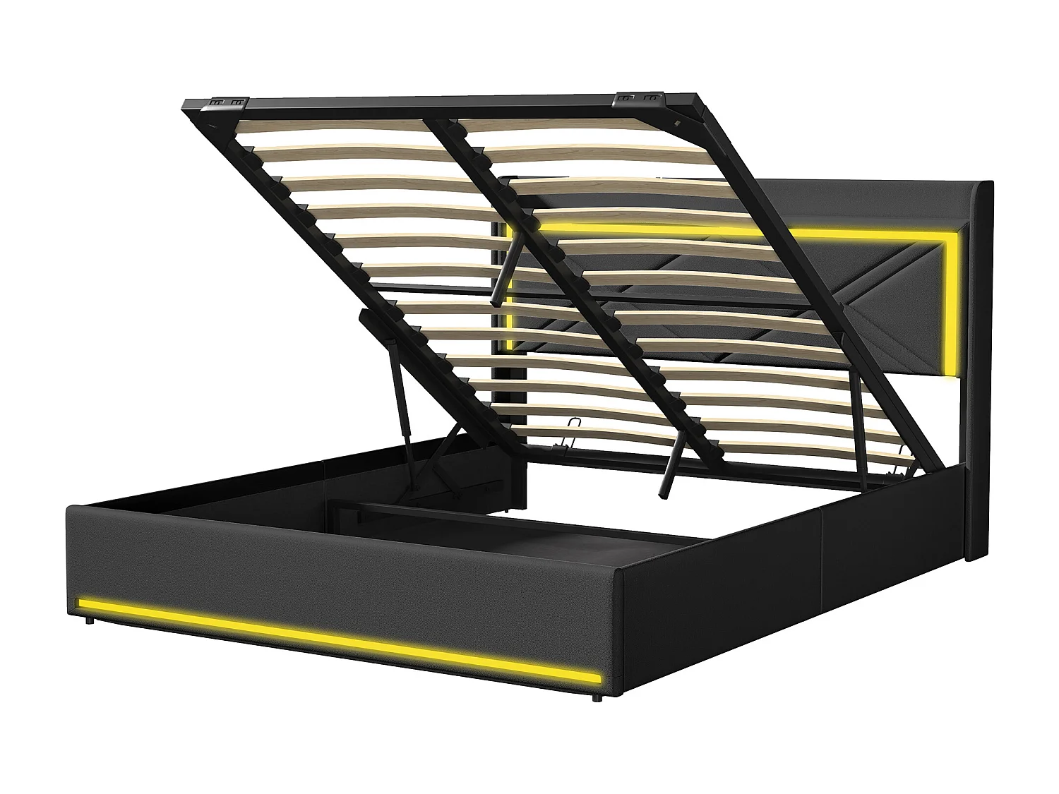 Lit coffre 160x200cm en tissu similicuir - avec LED et Ports de USB - avec sommier à lattes - Noir