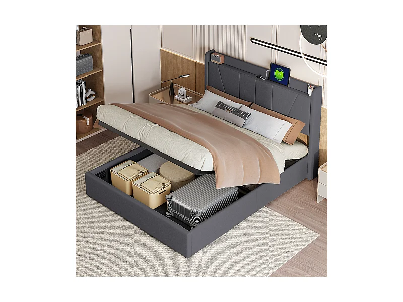 Cama de arrumação 140x200cm em tecido de linho com porta USB - cabeceira e estrado de ripas - Cinza