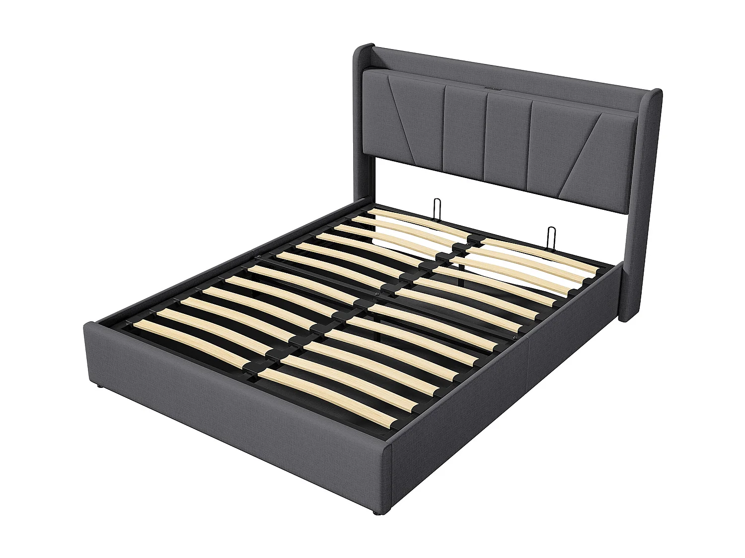 Lit coffre 140x200cm en tissu lin avec port USB - tête de lit et sommier à lattes - Gris