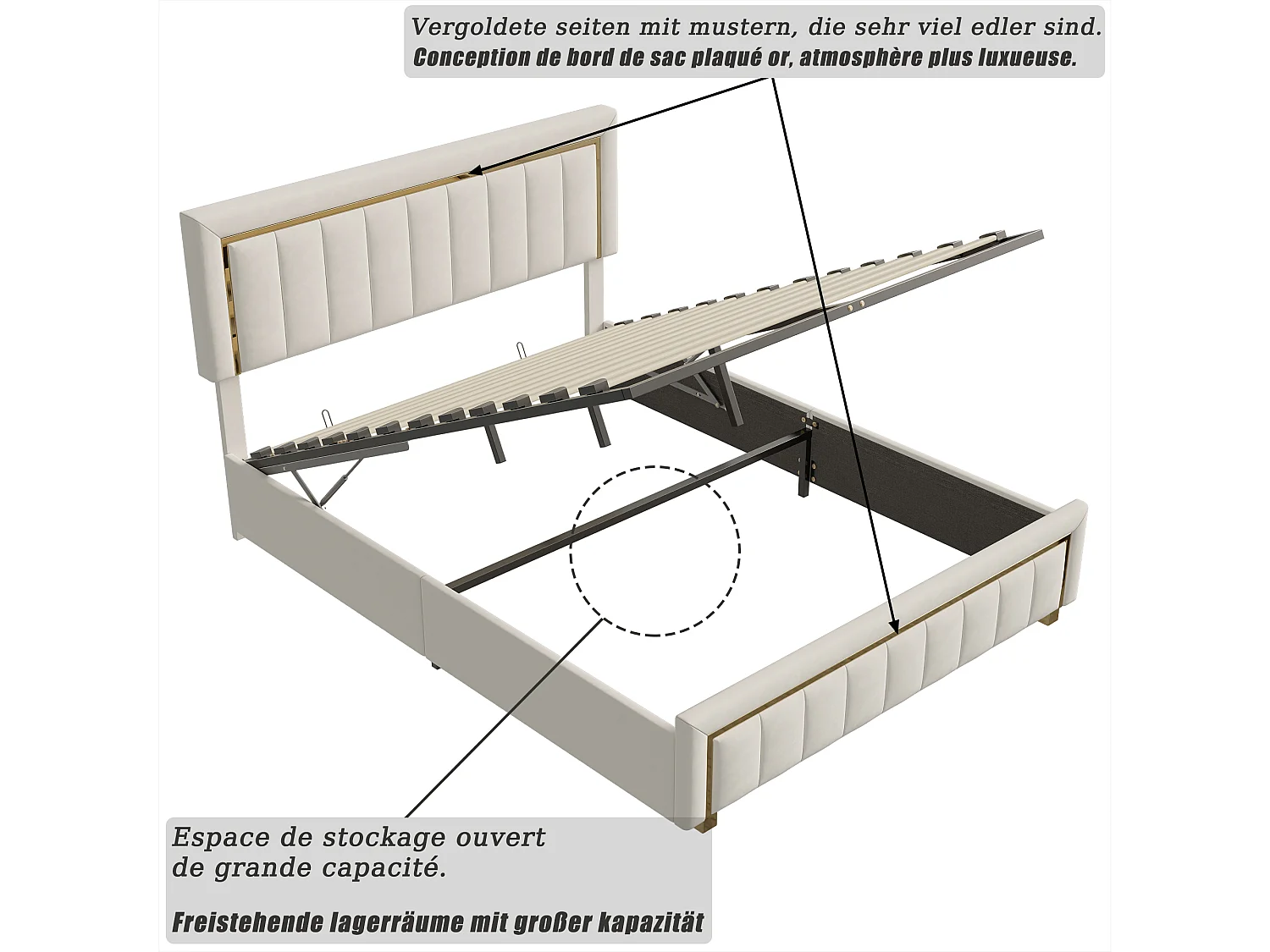 Cama de terciopelo con canapé 140x200cm - cama de matrimonio funcional con canapé - somier de láminas y cajón hidráulico - beige